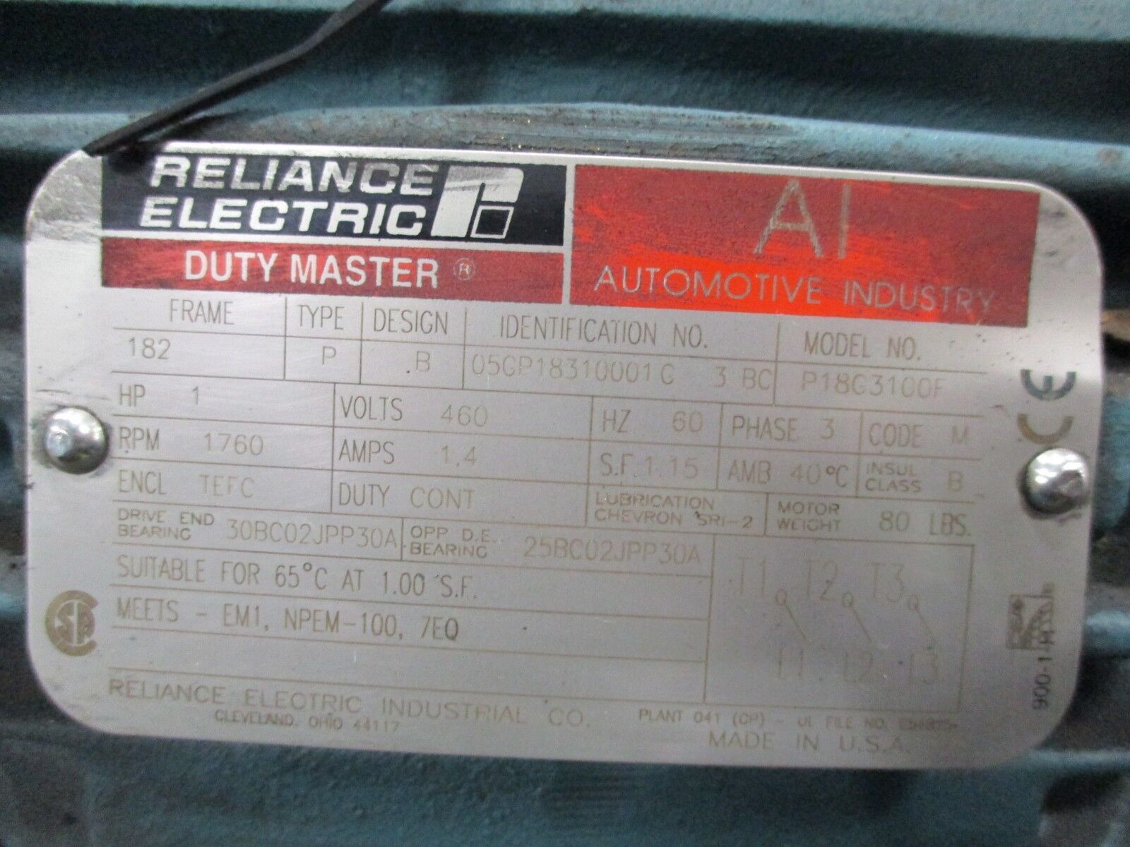 Reliance AI Duty Master AC Motor P18G3100F 1HP 1800RPM 460V 3Ph 1.4A New Surplus