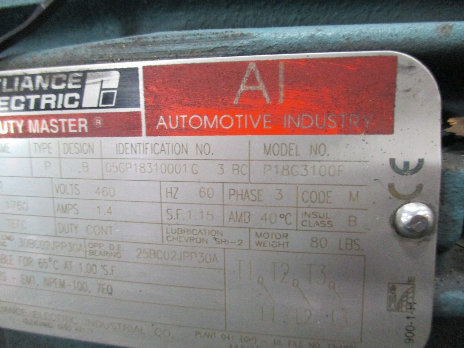 Reliance AI Duty Master AC Motor P18G3100F 1HP 1800RPM 460V 3Ph 1.4A New Surplus