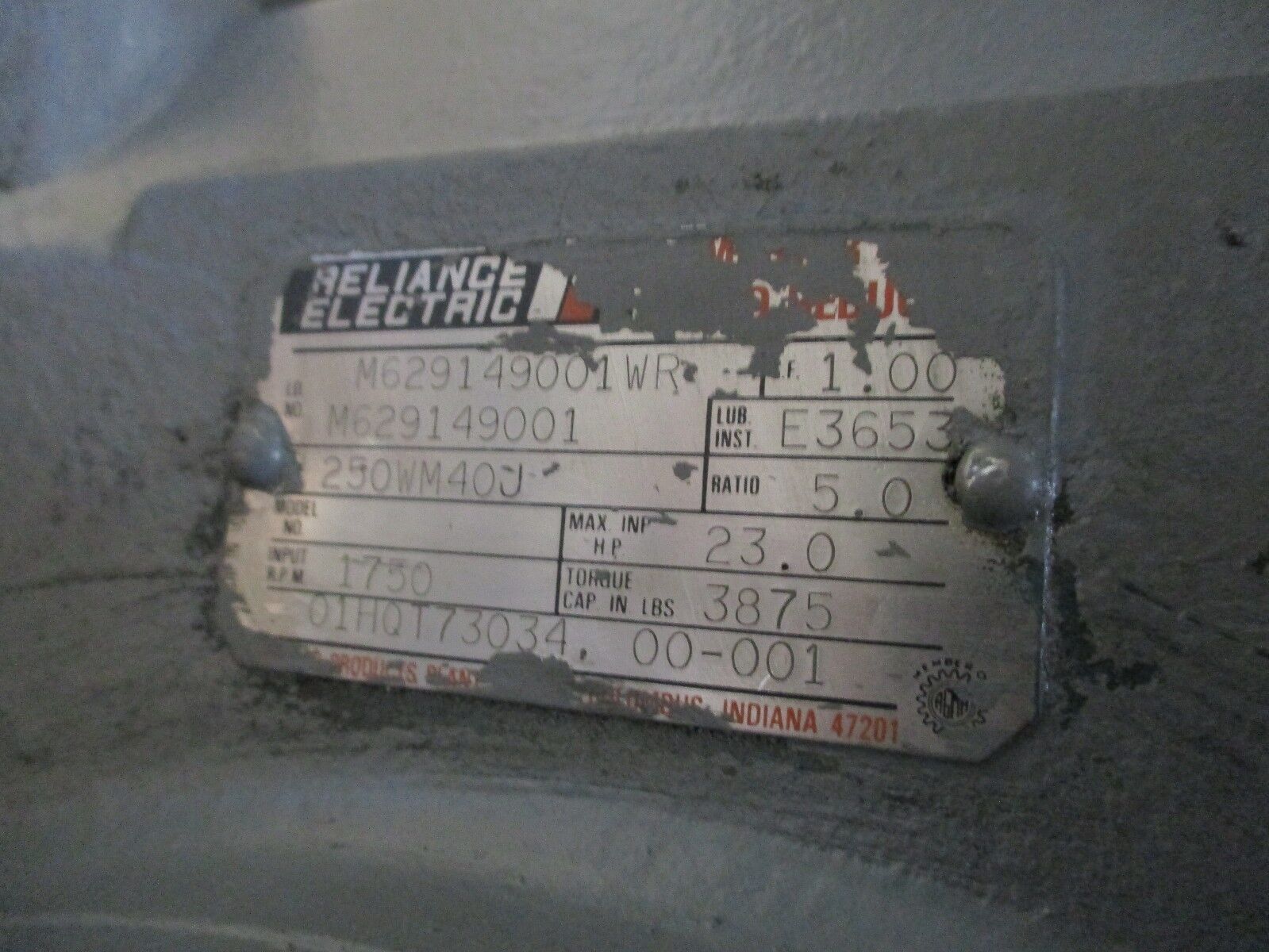 Reliance Electric Gear M629149001WR 23HP Max In 1800RPM In Ratio: 5.0 Used
