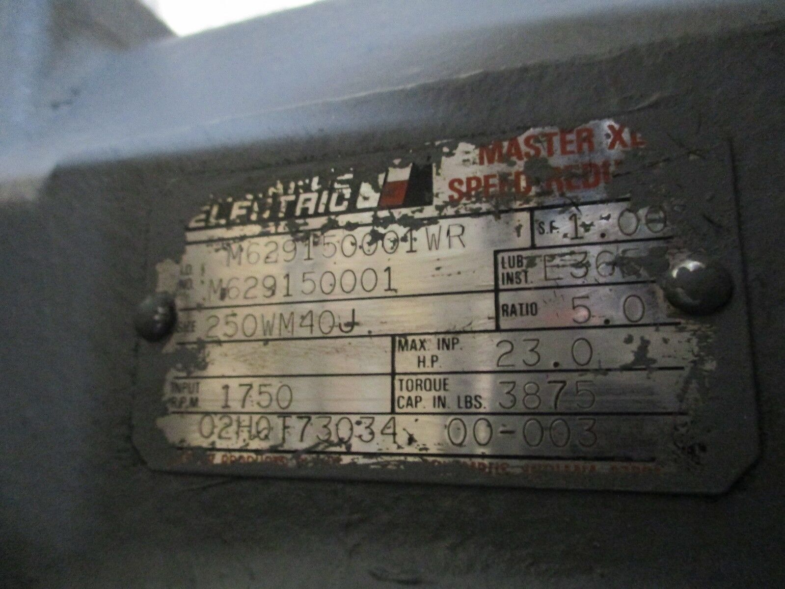Reliance Electric Gear M629150001WR 23HP Max In 1800RPM In Ratio: 5.0 Used
