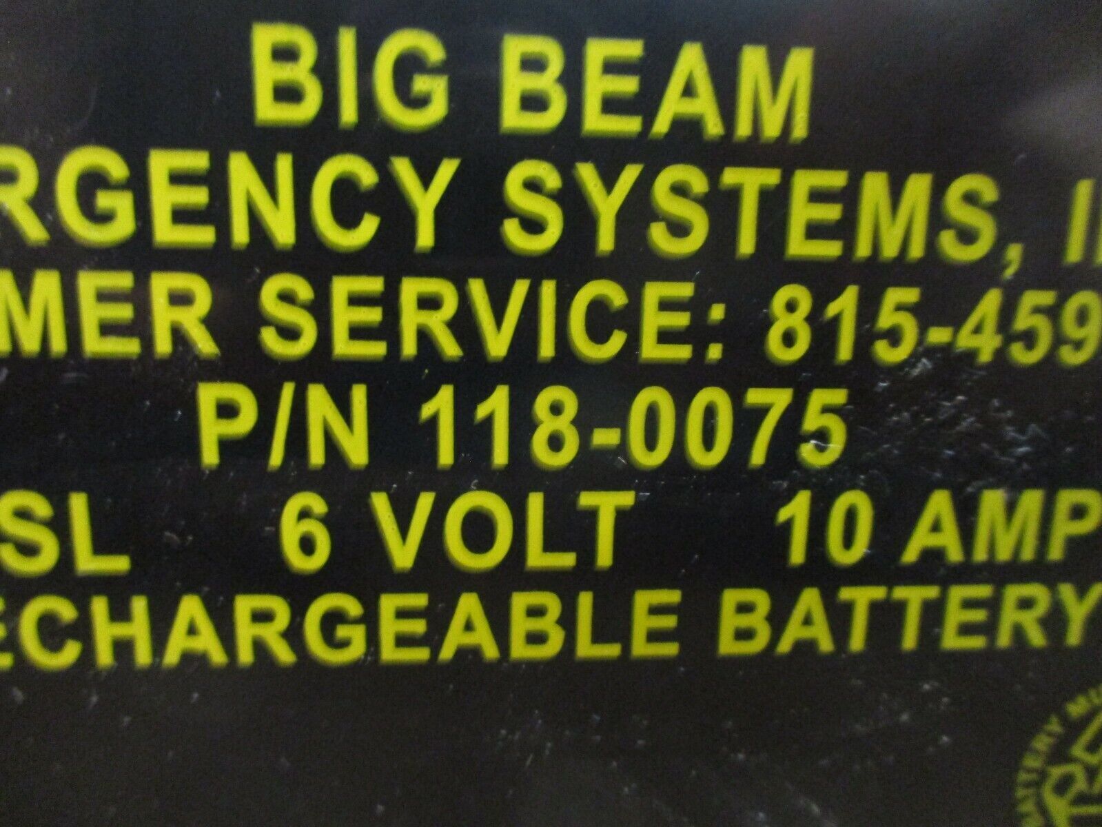 Big Beam Emergency Systems Rechargeable Battery 118-0075 6V 10A hr Used