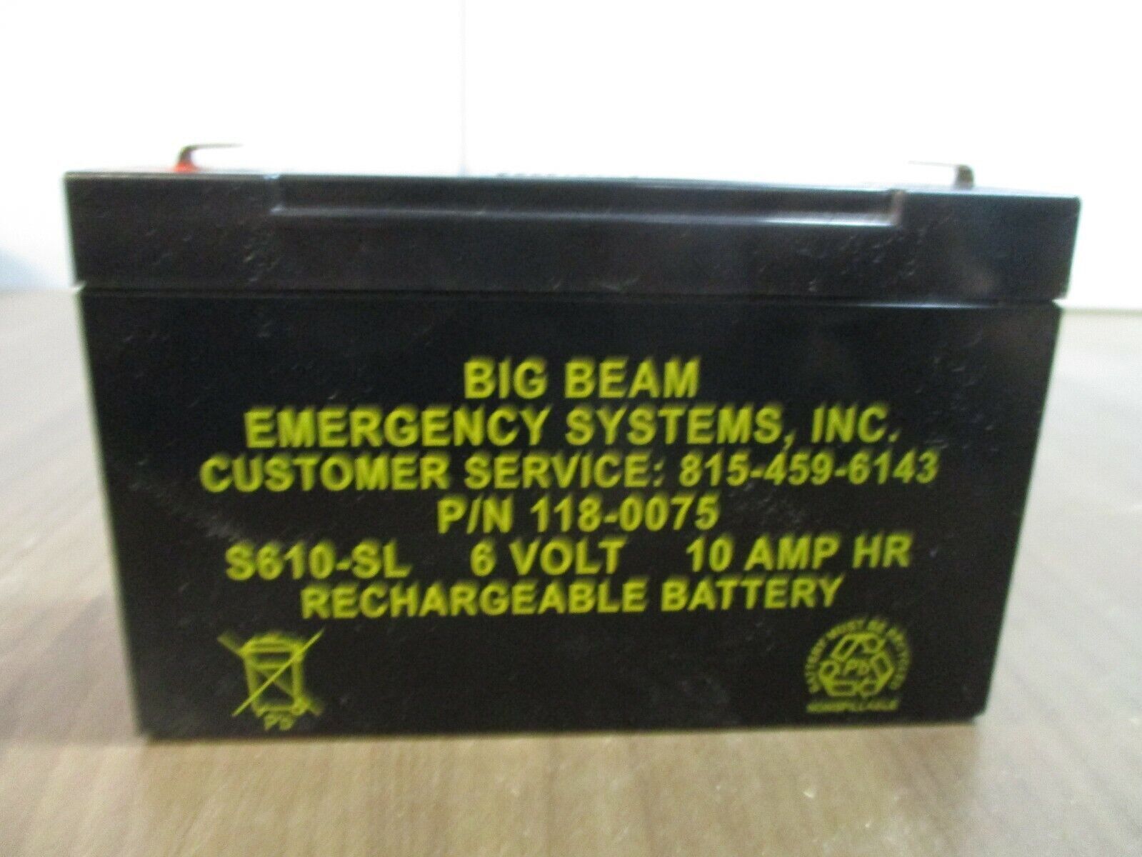 Big Beam Emergency Systems Rechargeable Battery 118-0075 6V 10A hr Used