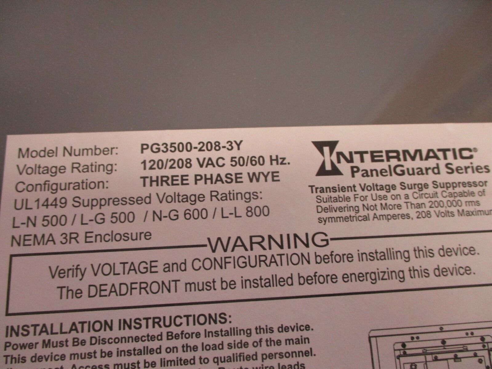 Intermatic PanelGuard 3500 Series Surge Protection Device PG3500-208-3Y 120/208V
