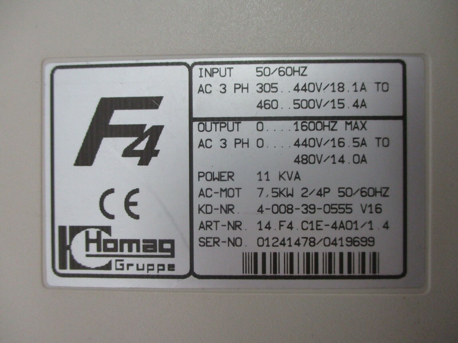 Homag KEB Combivert F4 AC Drive 14.F4.C1E-4A01/1.4 7.5kW/10HP 3Ph Used