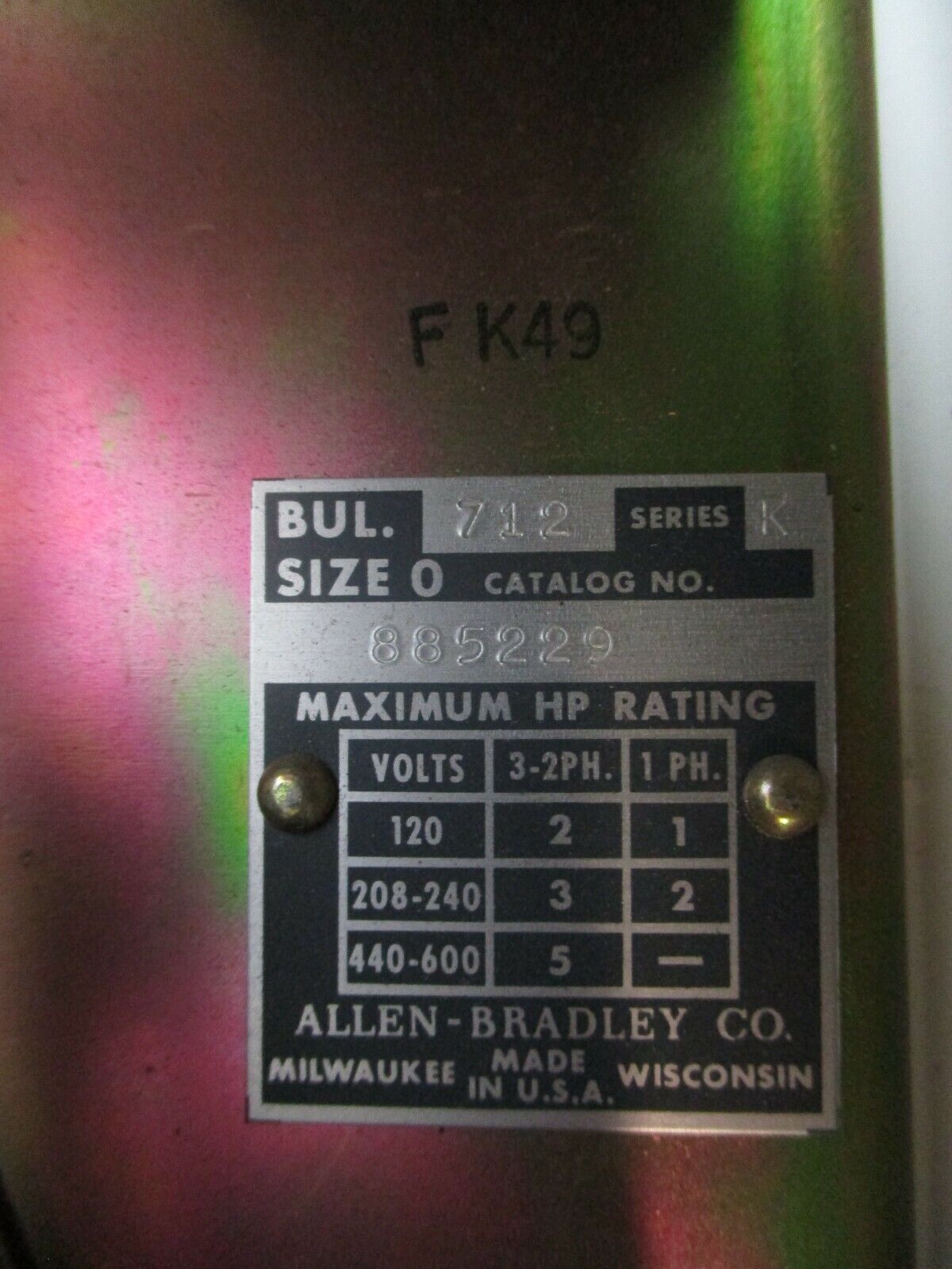 Allen-Bradley Fusible Size 0 Combination 885229 Ser. K 480V Coil Used