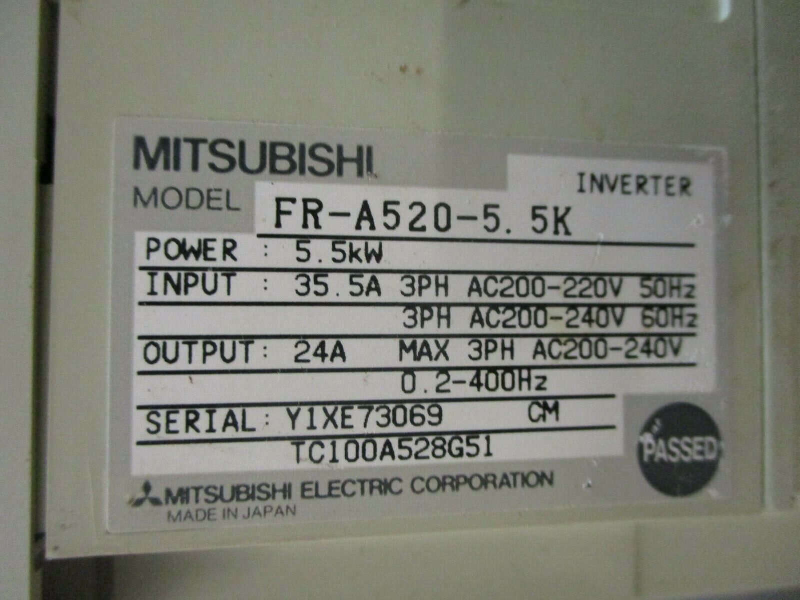 Mitsubishi Freqrol A500 AC Drive FR-A520-5.5K 5.5kW 3Ph w/ Keypad Used