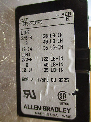 Allen-Bradley Power Distribution Block 1492-100X 175A 600V 3P *Chipped Corner*