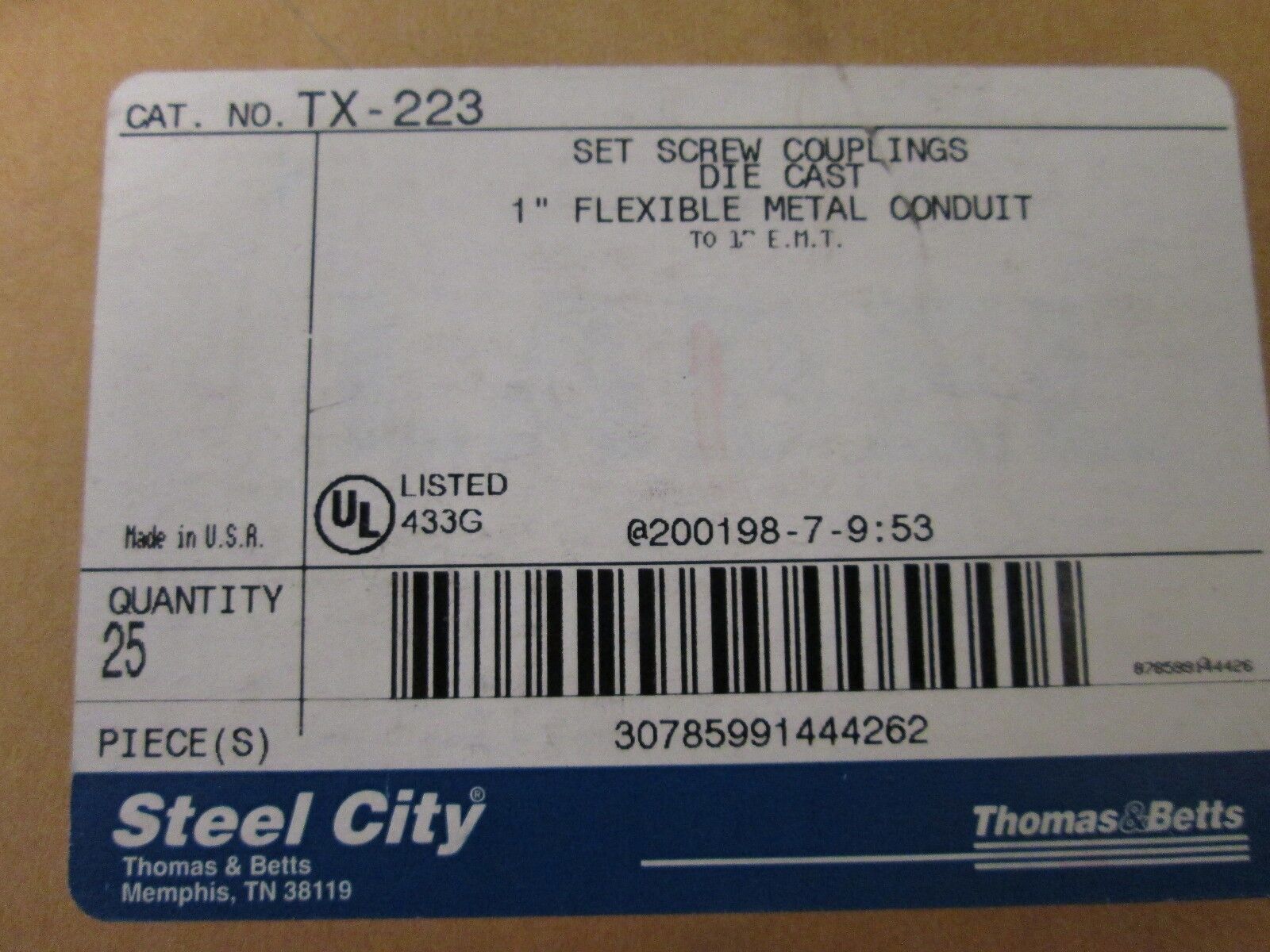 Steel City Flexible Conduit Set Screw Coupling TX223 Size 1" *Box of 25* New