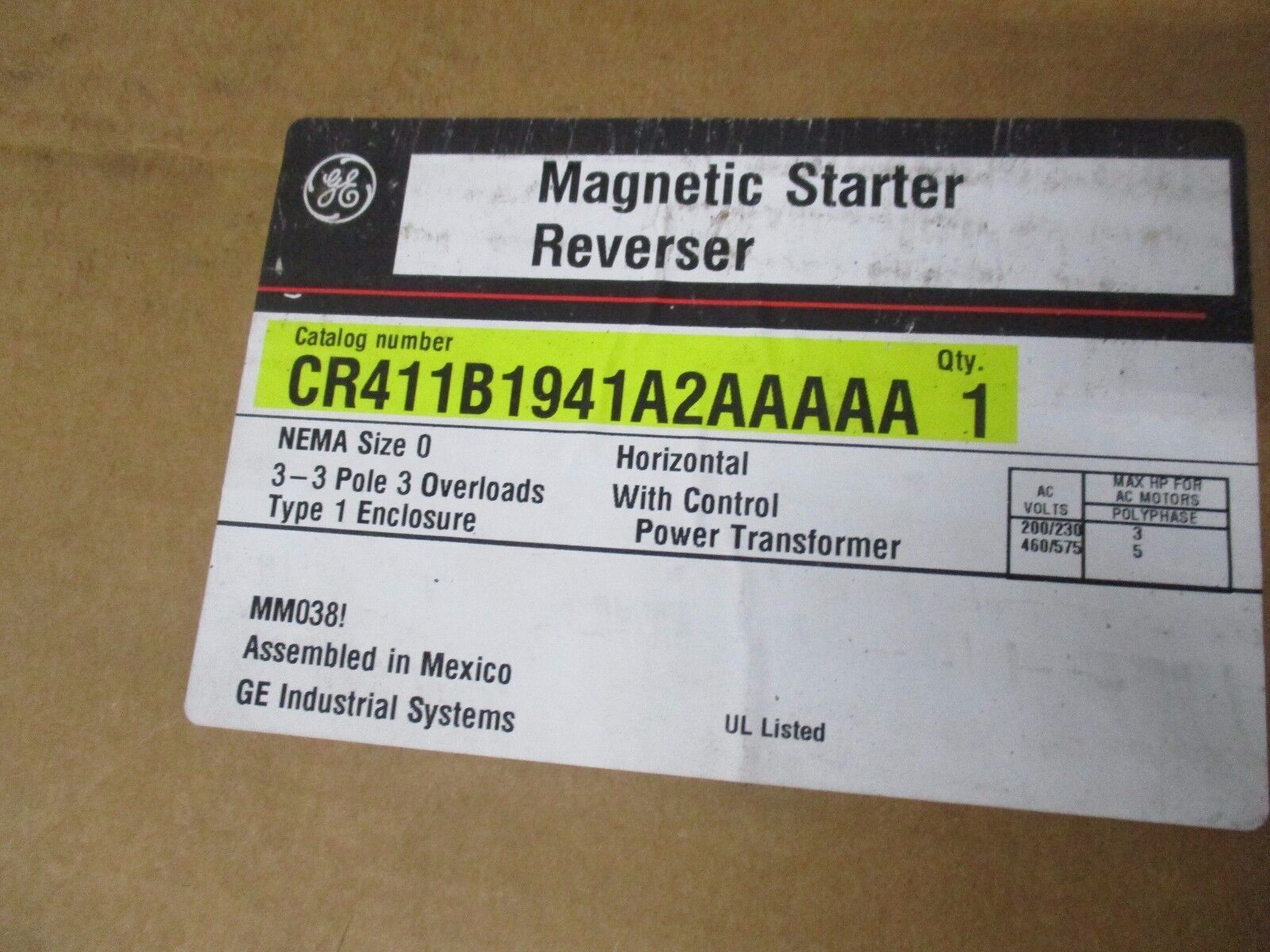 GE Reversing Combination Non-Fusible CR411B1941A2AAAAA Size: 0 3P New Surplus