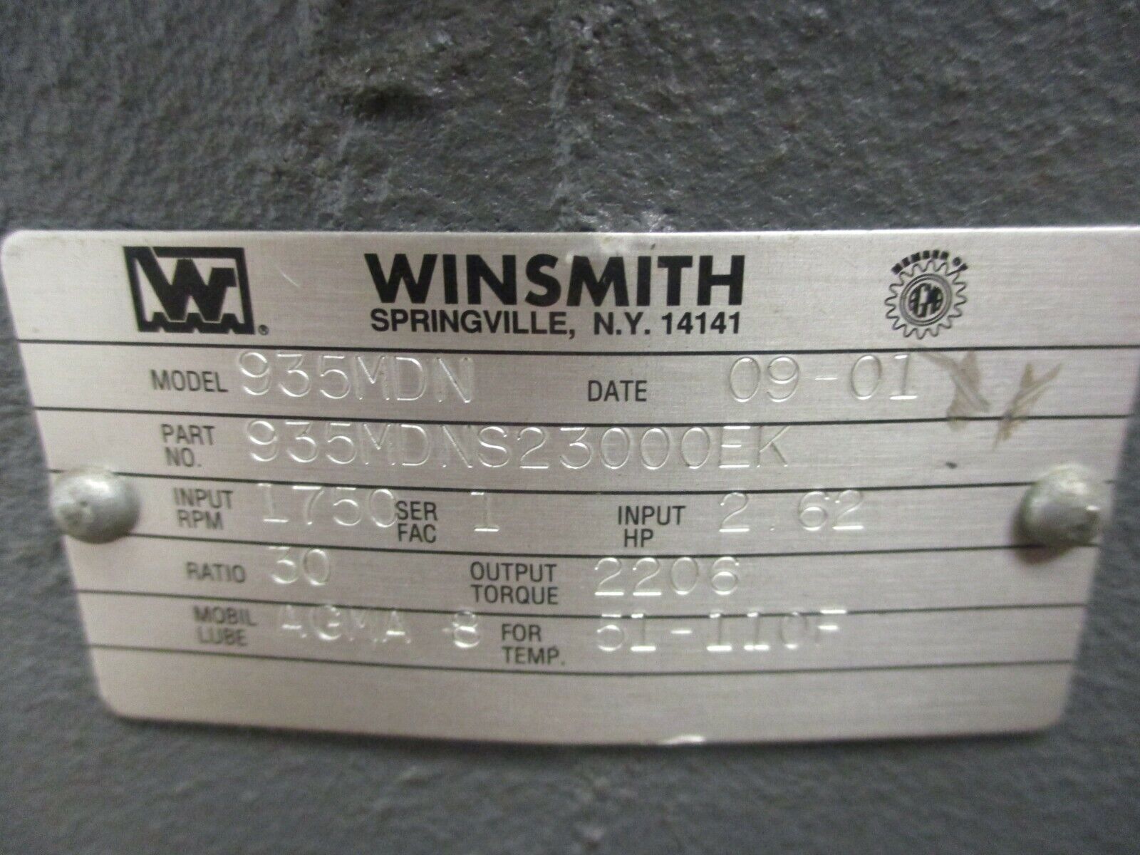 Winsmith 935MDN Reducer 935MDNS23000EK Ratio 30:1 2.62HP In 2206Lb-In Torq Out