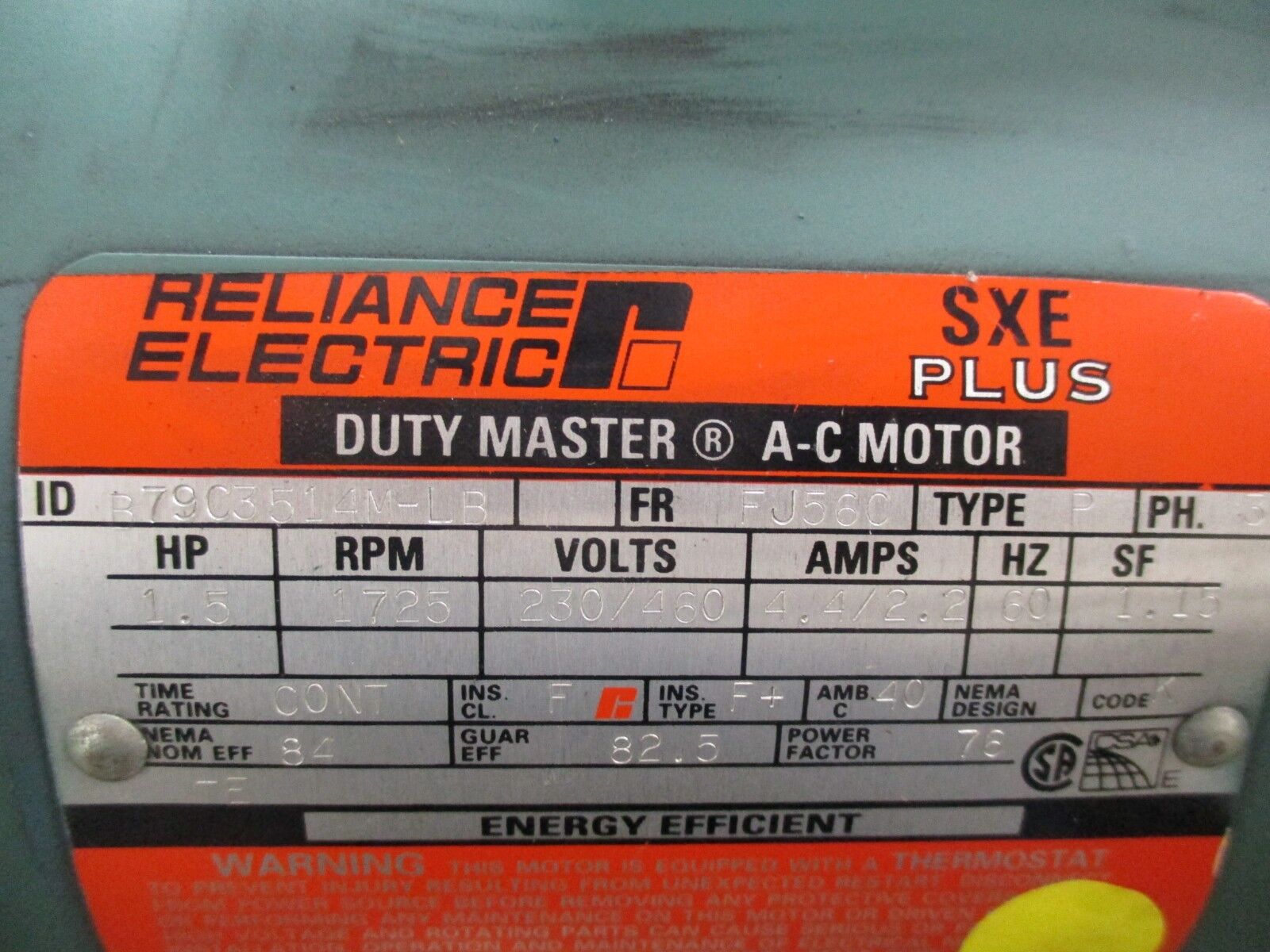 Reliance SXE Plus Duty Master AC Motor w/ Gear B79C3514M-LB / C262T125N056 1.5HP