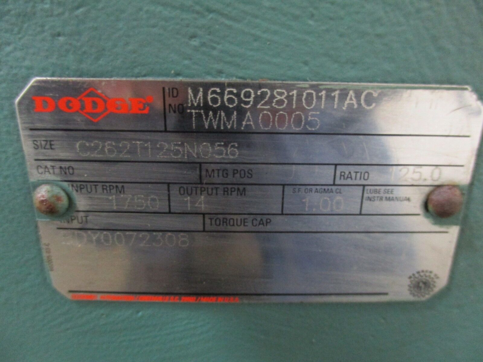 Reliance SXE Plus Duty Master AC Motor w/ Gear B79C3514M-LB / C262T125N056 1.5HP