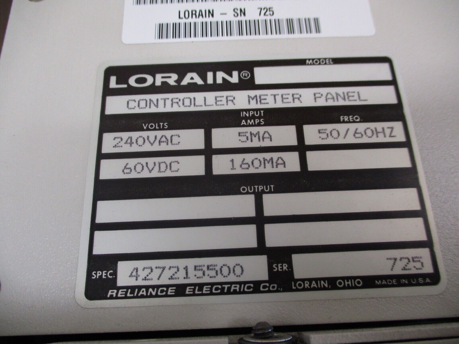 Reliance Lorian Controller Meter Panel 427215500 240VAC 5mA 60VDC 160mA Used