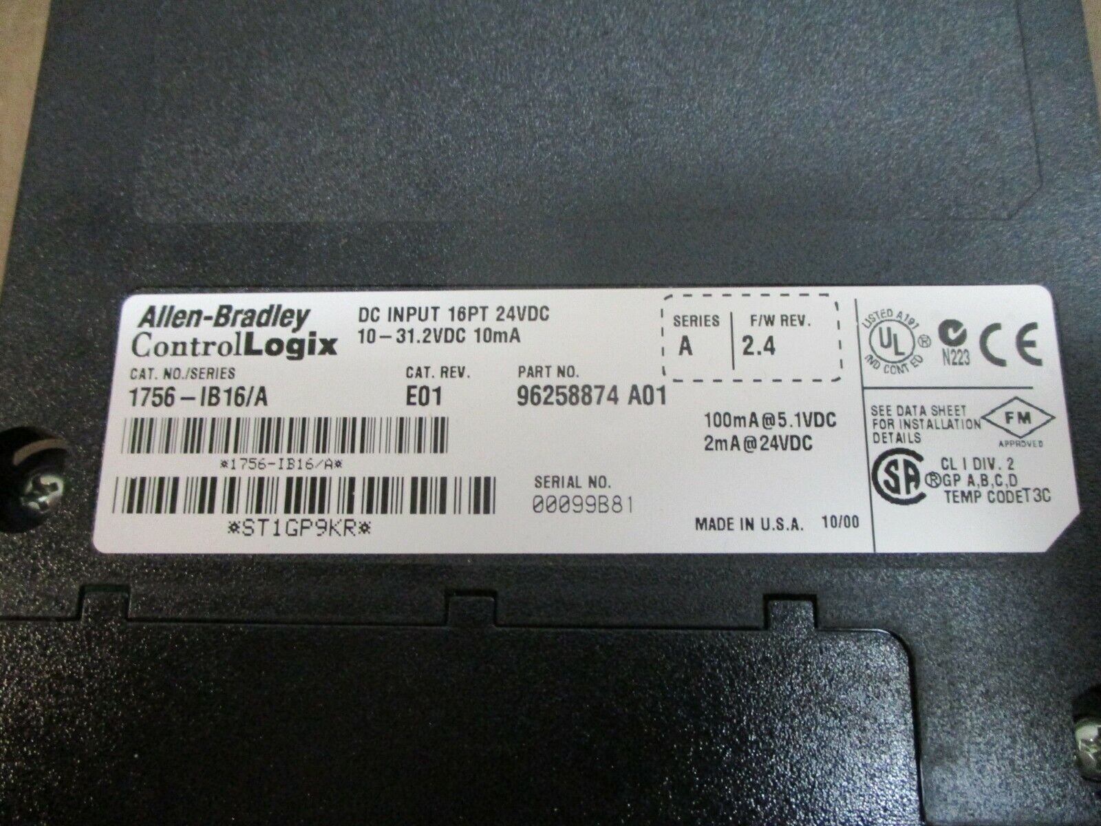 Allen-Bradley ControlLogix DC Input Module 1756-IB16/A Rev. E01 F/W: 2.4 Used