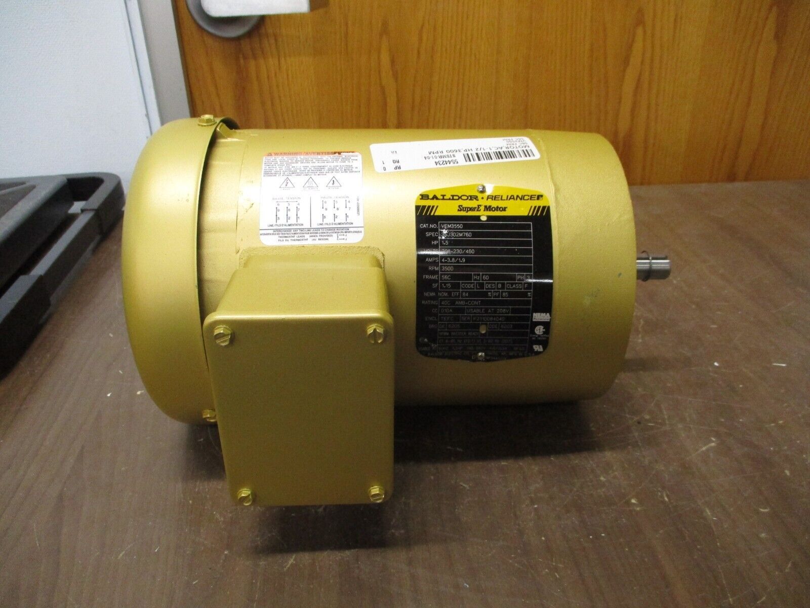 Baldor Motor VEM3550 1.5HP 208-230/460V 4-3.8/1.9A 3600RPM 60Hz 3Ph New Surplus