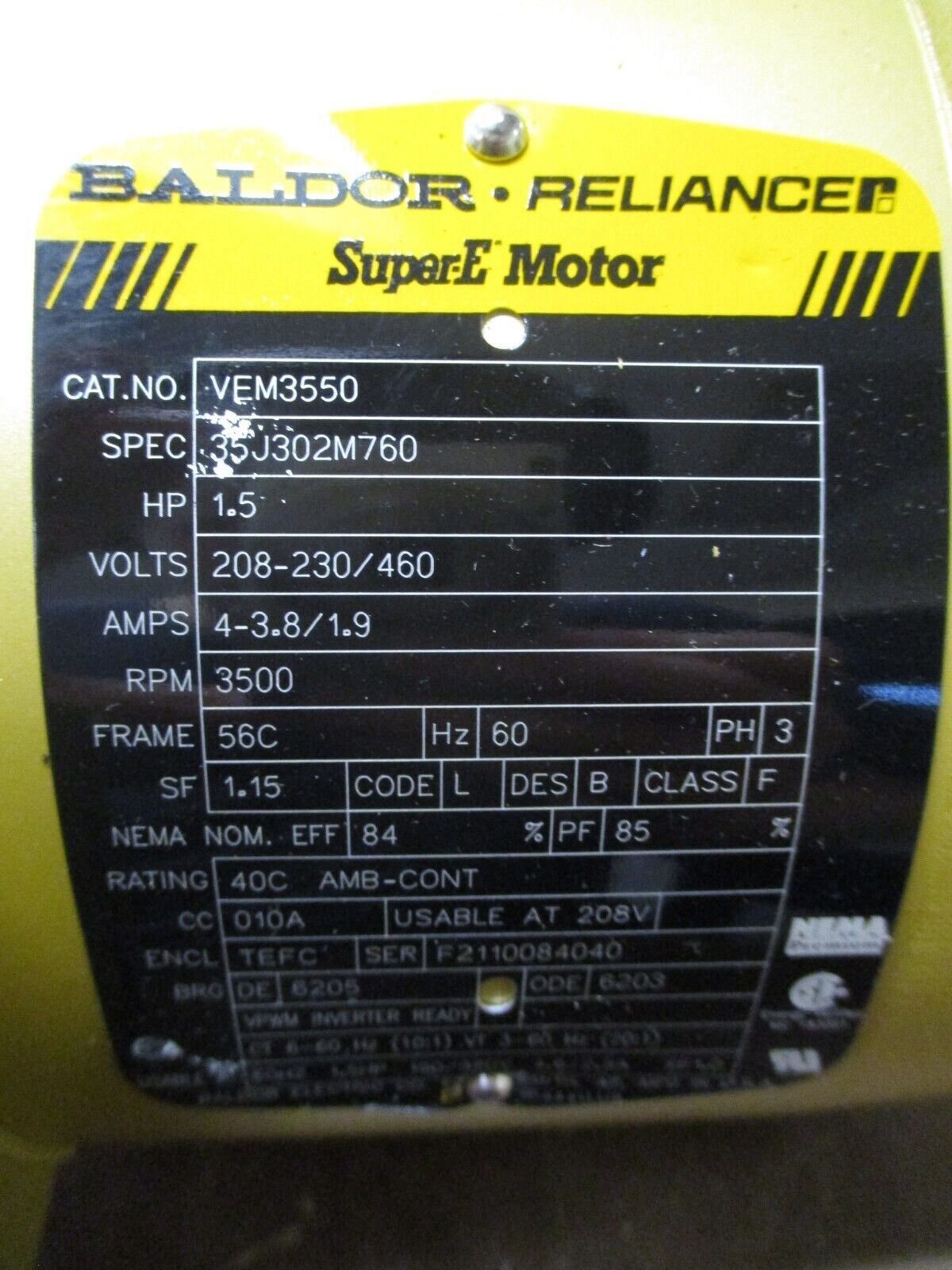 Baldor Motor VEM3550 1.5HP 208-230/460V 4-3.8/1.9A 3600RPM 60Hz 3Ph New Surplus