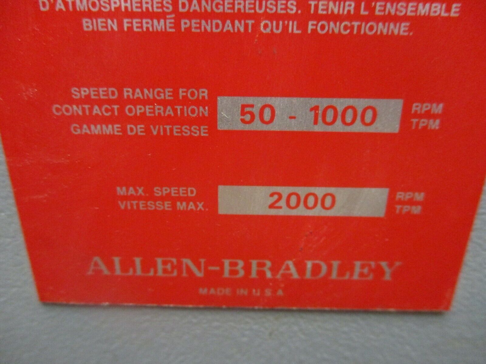 Allen-Bradley Explosion Proof Speed Switch 808-R17 Ser. F Max Speed:2000RPM Used