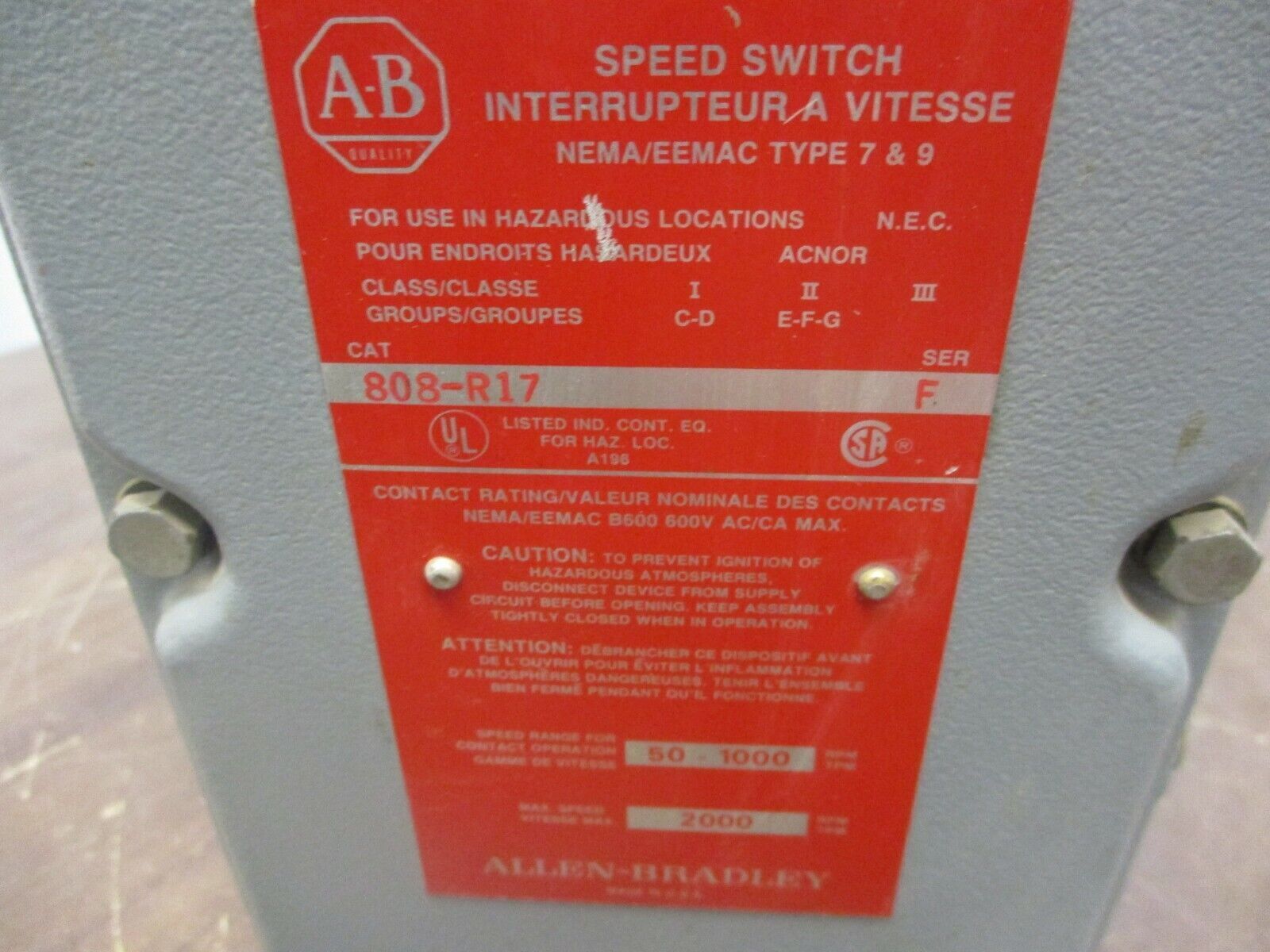 Allen-Bradley Explosion Proof Speed Switch 808-R17 Ser. F Max Speed:2000RPM Used