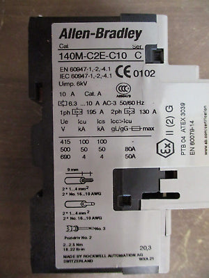 Allen-Bradley Manual Motor Protector 140M-C2E-C10 Trip : 6.3-10A Used