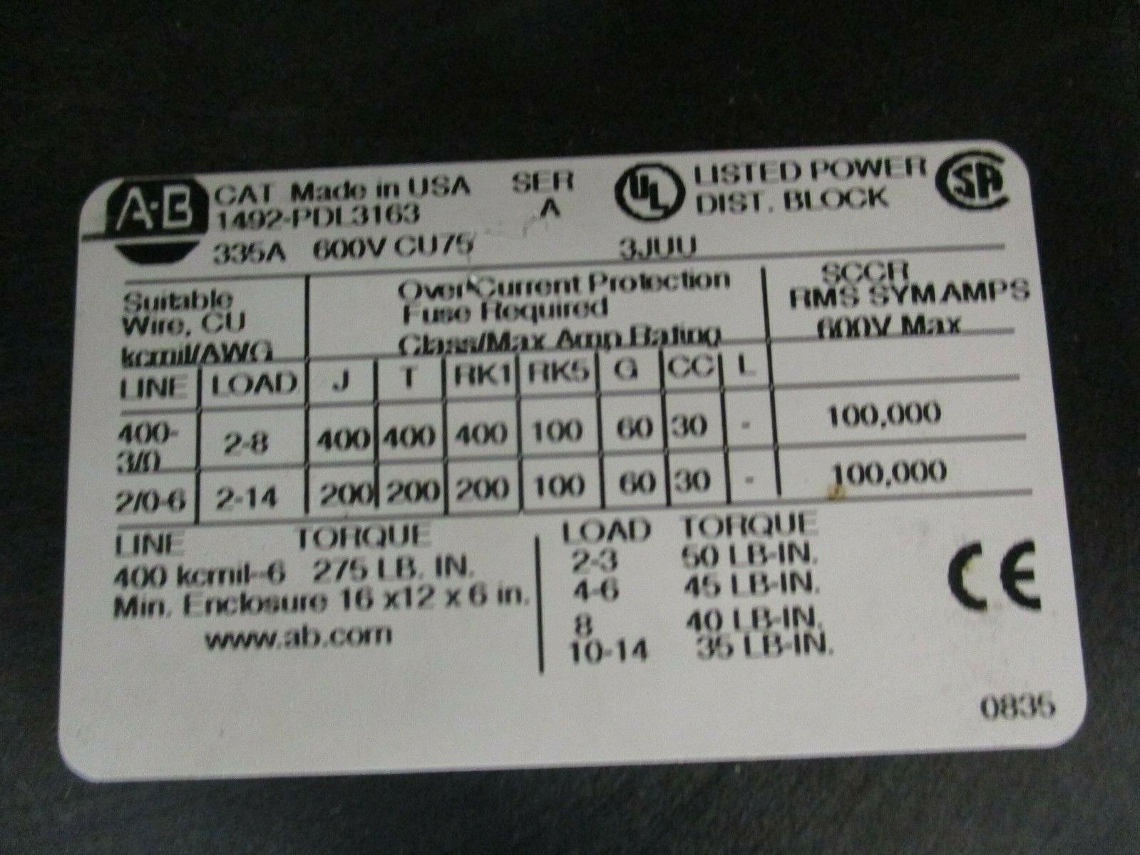 Allen-Bradley Power Distribution Block 1492-PDL3163 335A 600V 1P Load: 2-8, 2-14