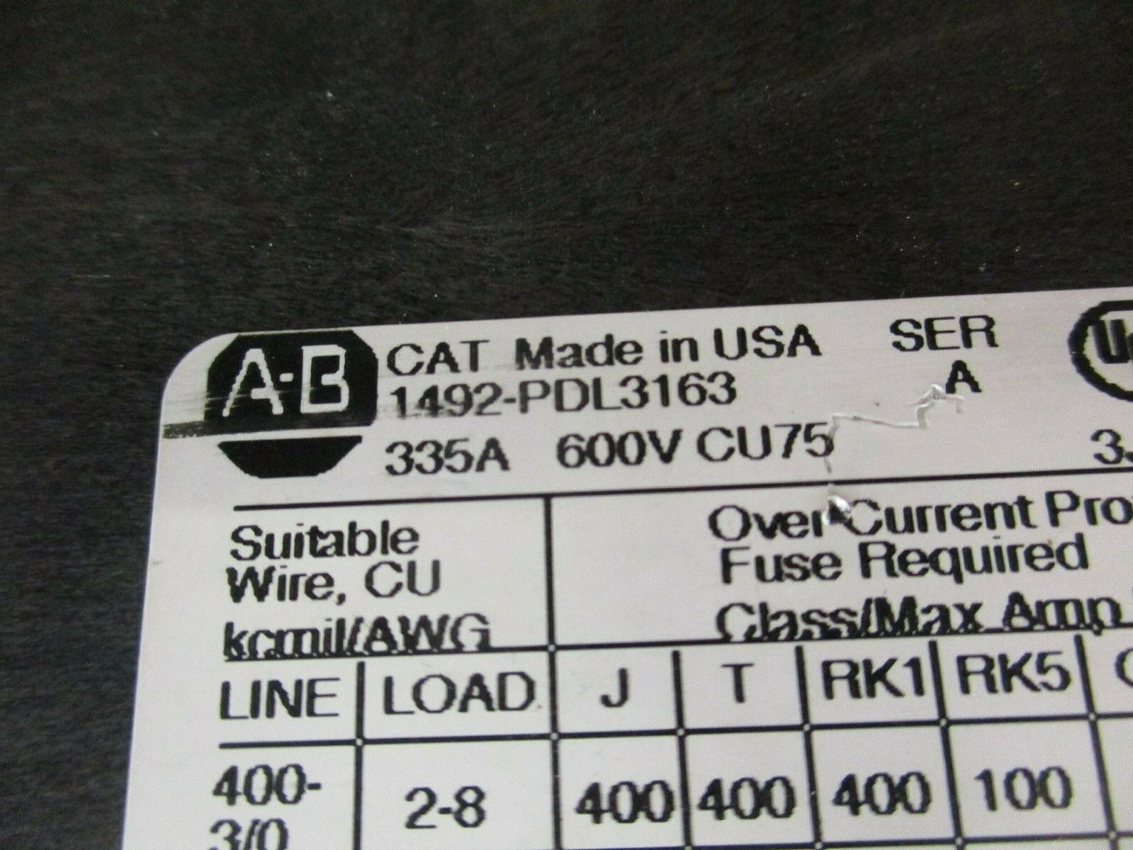 Allen-Bradley Power Distribution Block 1492-PDL3163 335A 600V 1P Load: 2-8, 2-14