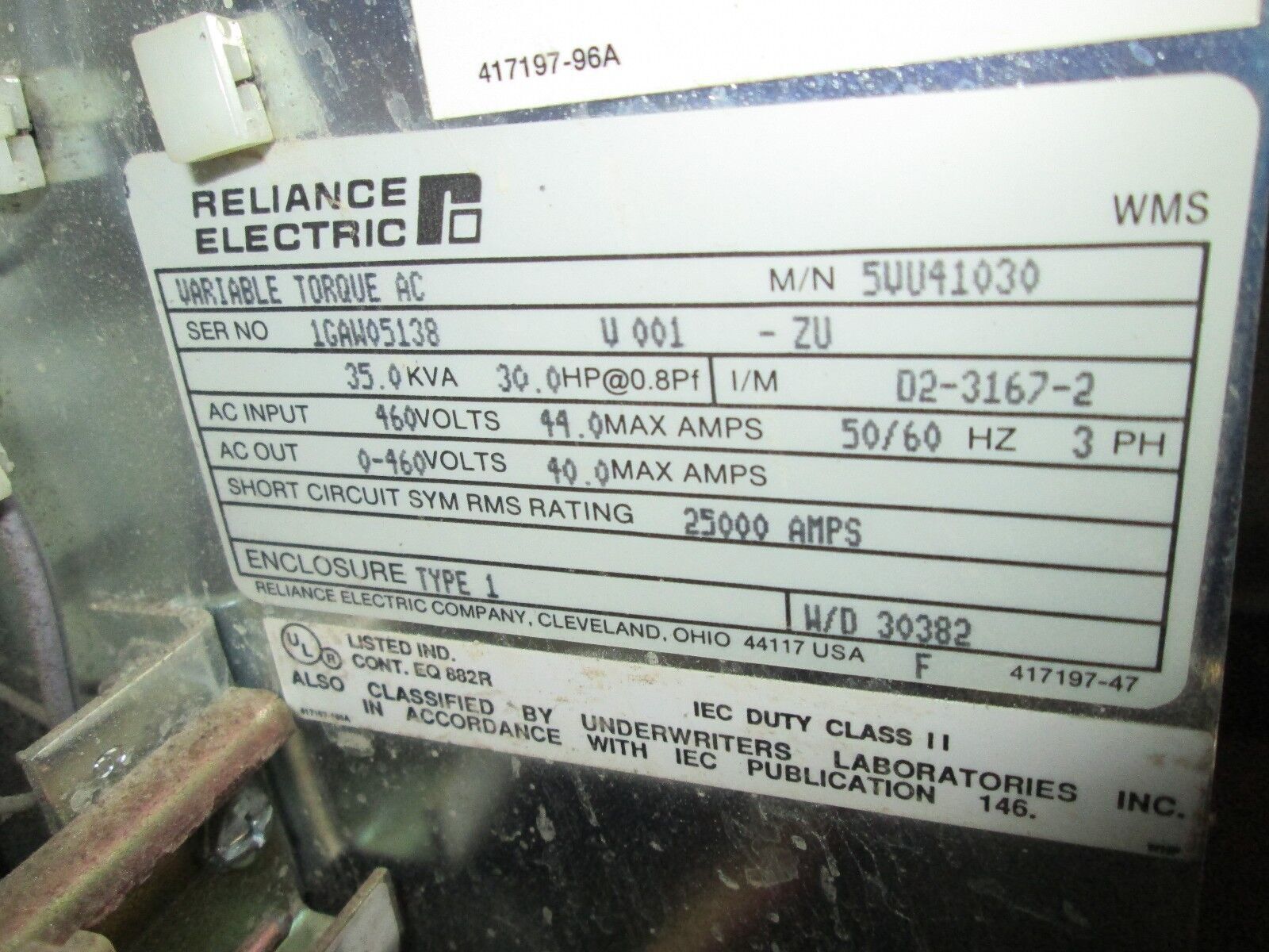 Reliance AC Drive 5VU41030 30HP Used