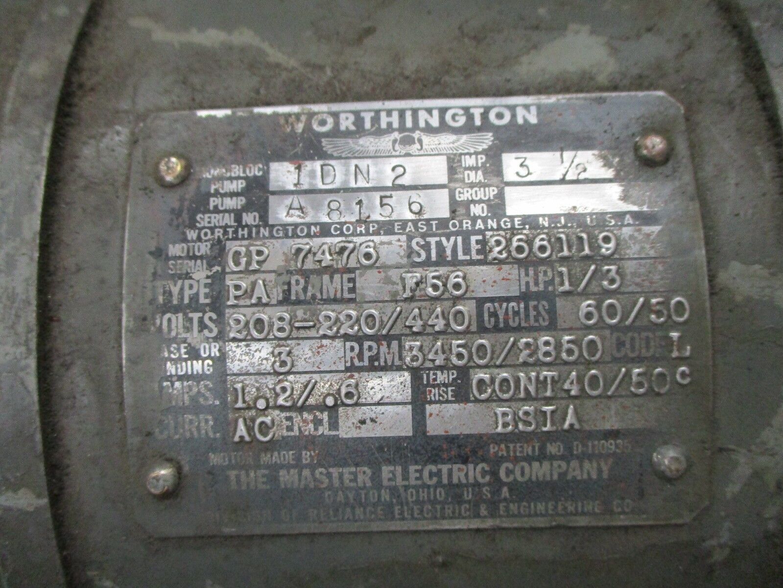 Master Electric Worthington Pump 1DN2-266119 Imp Dia:3.5 1/3HP 208-230/440V Used