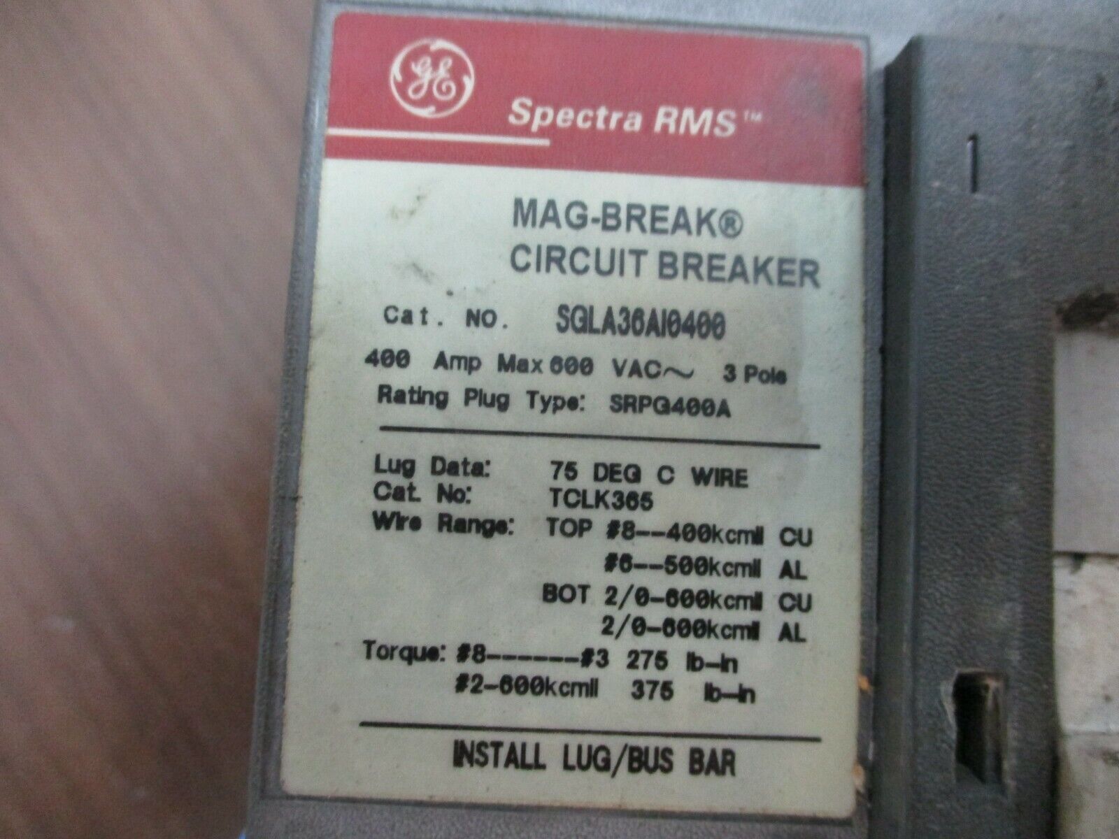 GE, Spectra RMS May- Break Circuit Breaker, part #:SGLA36AI0400, 250A plug, 600V