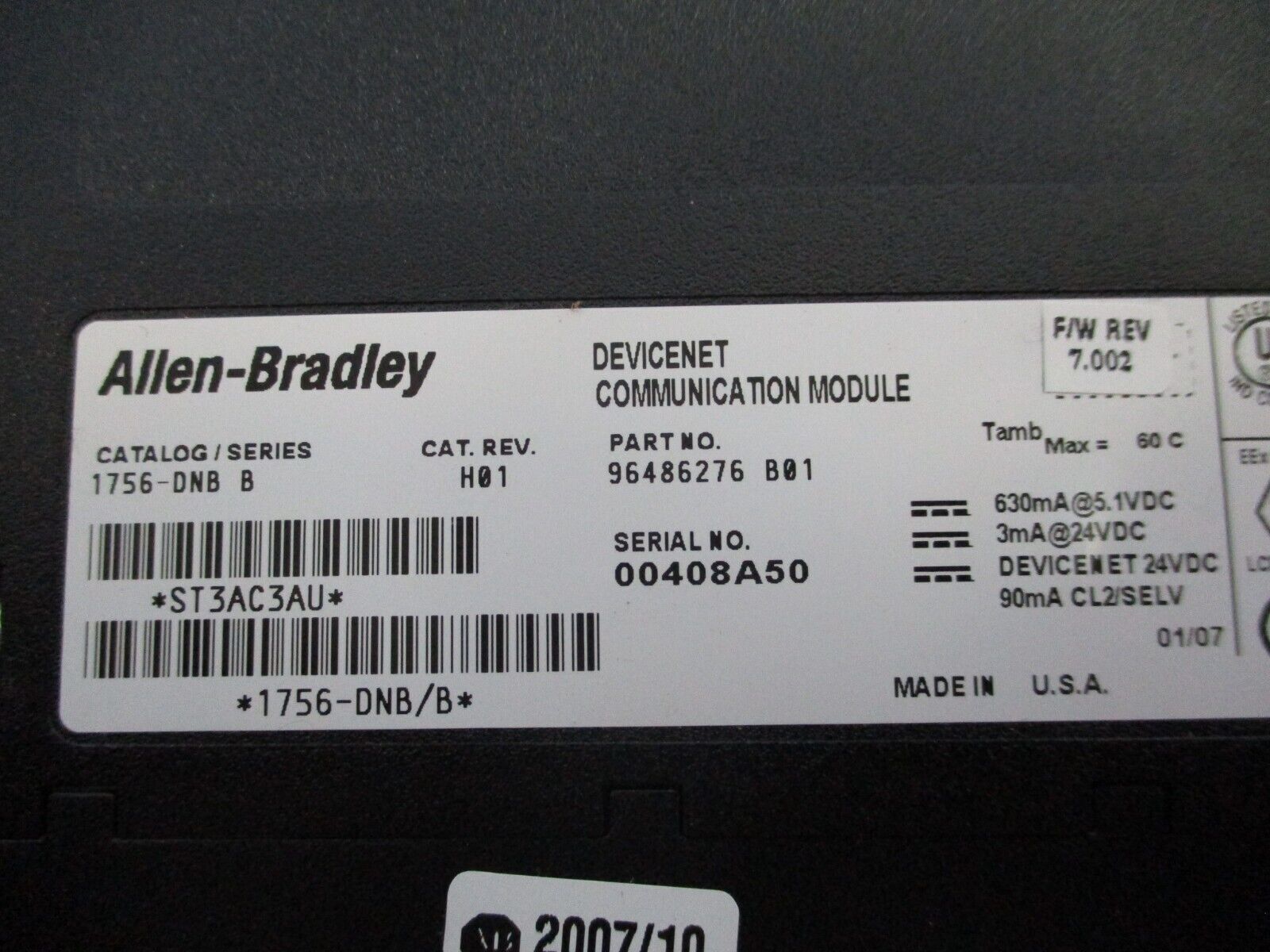 Allen-Bradley DeviceNet Comm. Module 1756-DNB Ser. B Rev. H01 F/W Rev: 7.002