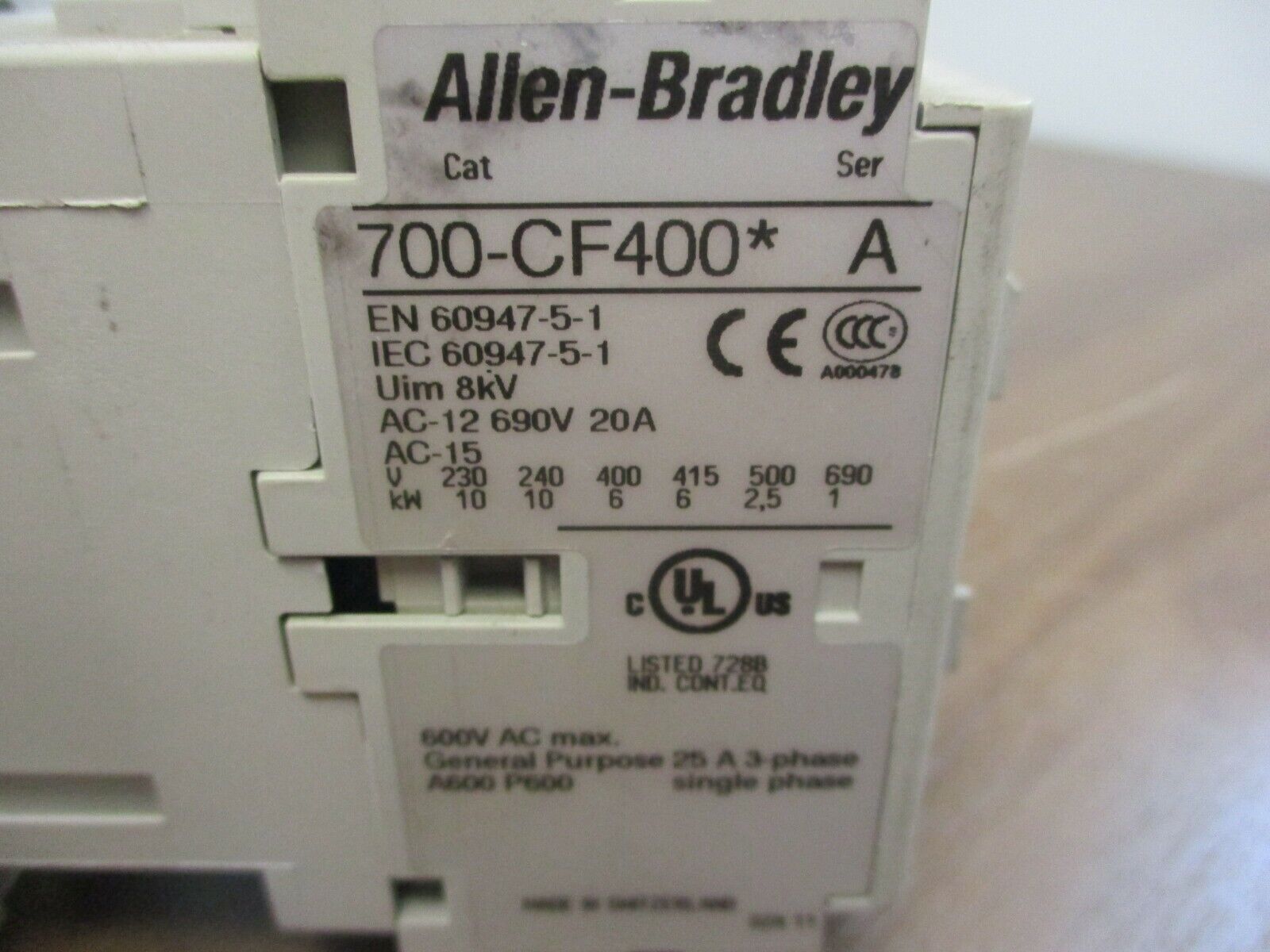 Allen-Bradley Contactor 700-CF400* 25A 600V 120V Coil Used