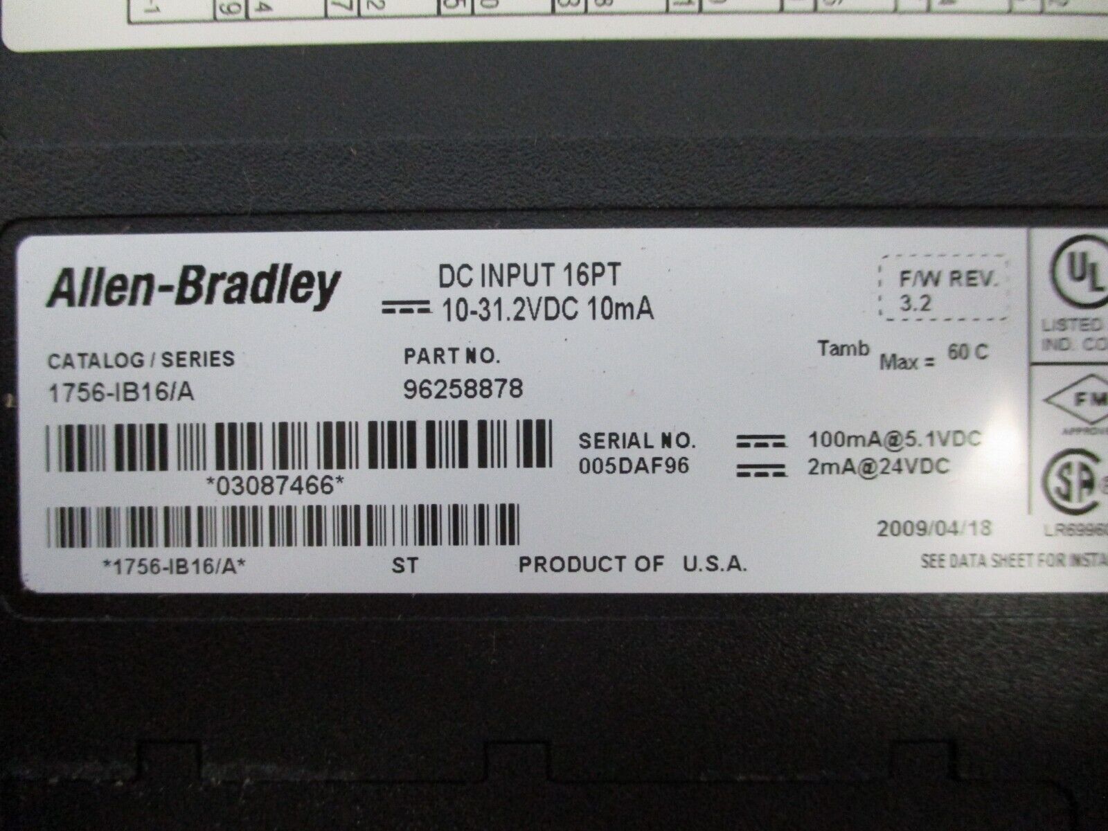 Allen-Bradley DC Input Module 1756-IB16 Series A Firmware 3.2 16 pt Used
