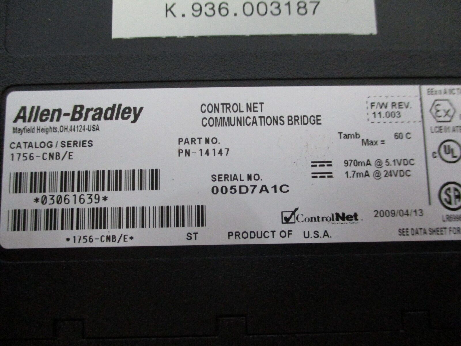Allen-Bradley ControlNet Comm. Bridge Module 1756-CNB Ser. E F/W Rev. 11.003