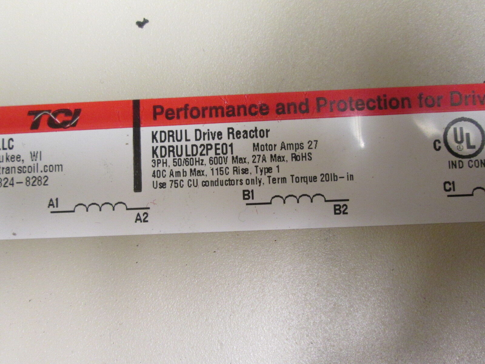 TCI KDRUL Drive Reactor KDRULD2PE01 Motor Amps: 27 3Ph 50/60Hz 600V 27A Used