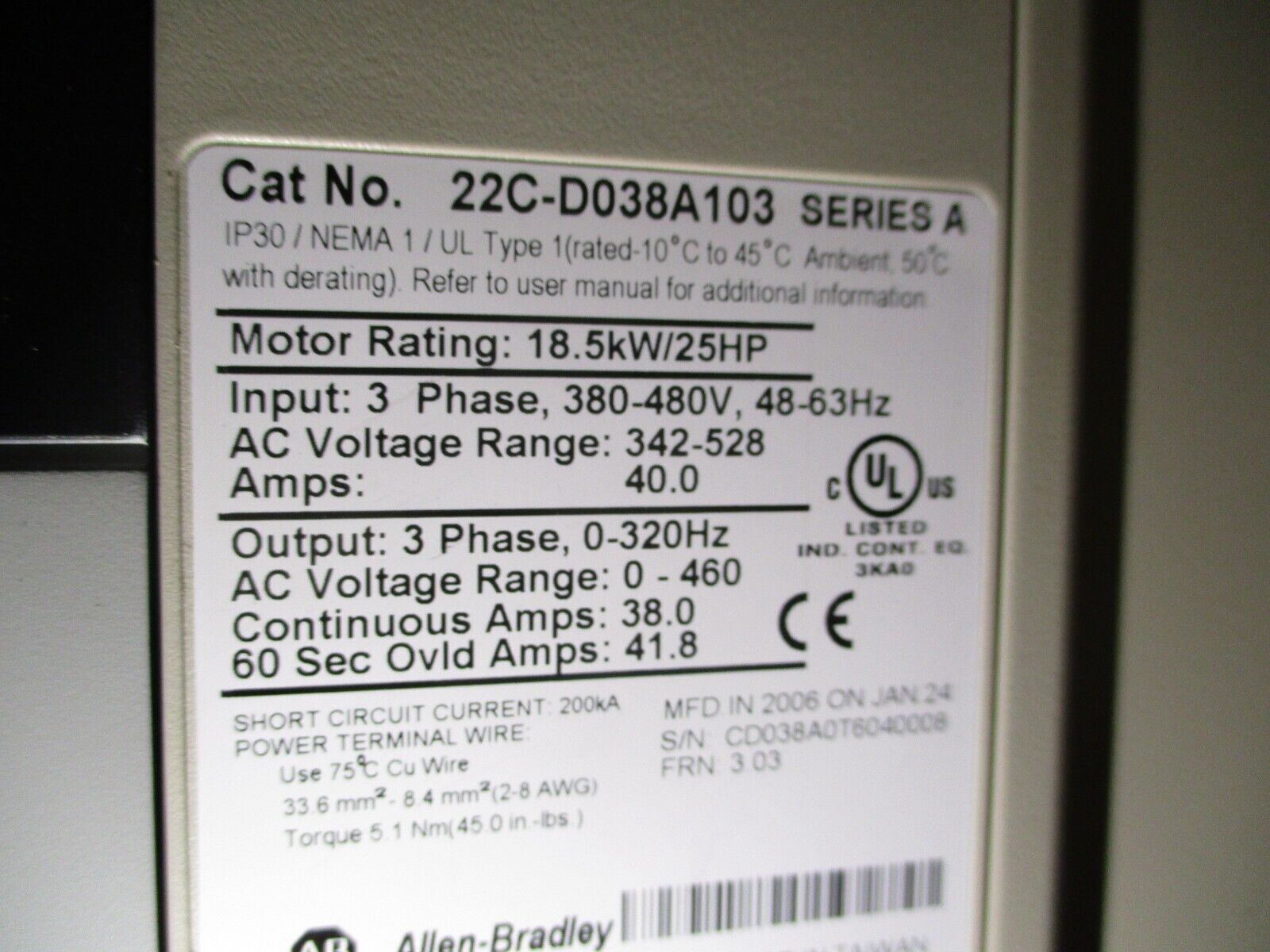 Allen-Bradley PowerFlex 400 AC Drive w/ Bypass 22C-D038A103 Ser. A 25HP 3Ph Used