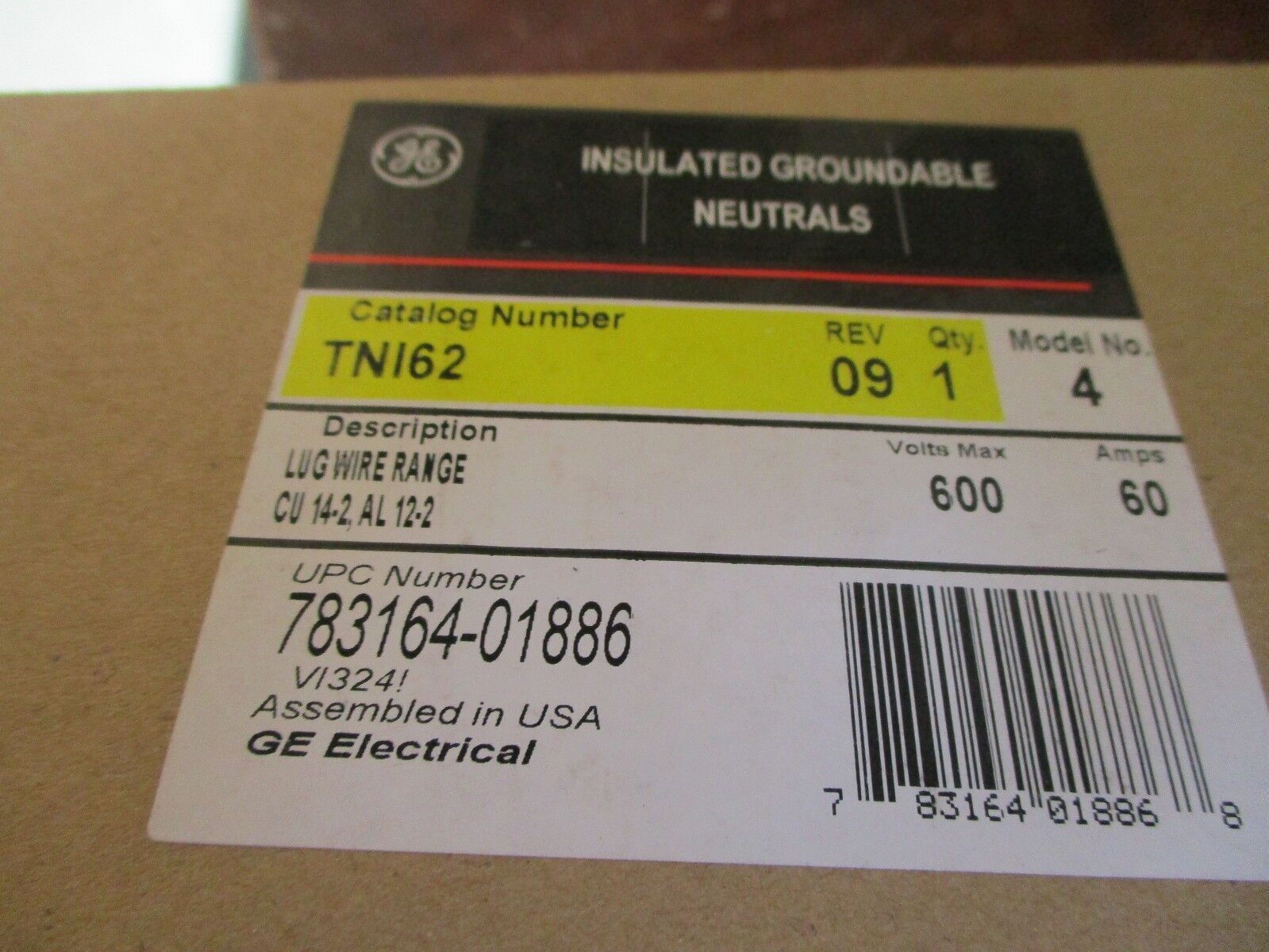 GE Insulated Groundable Neutral TNI62 Rev 09 Model 4 60A 600V New Surplus