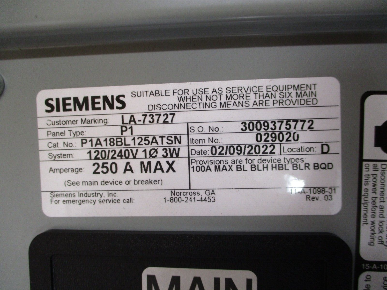 Siemens P1 Main Breaker Panelboard Interior P1A18BL125ATSN 125A Main 120/240V 3W