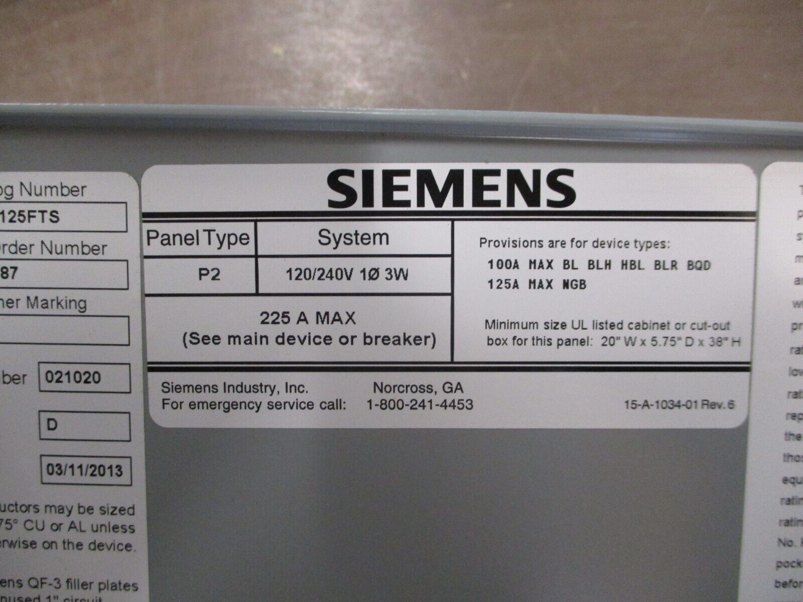 Siemens P2 Main Breaker Panelboard Interior P2A30QJ125FTS 125A Main 225A Max 1Ph