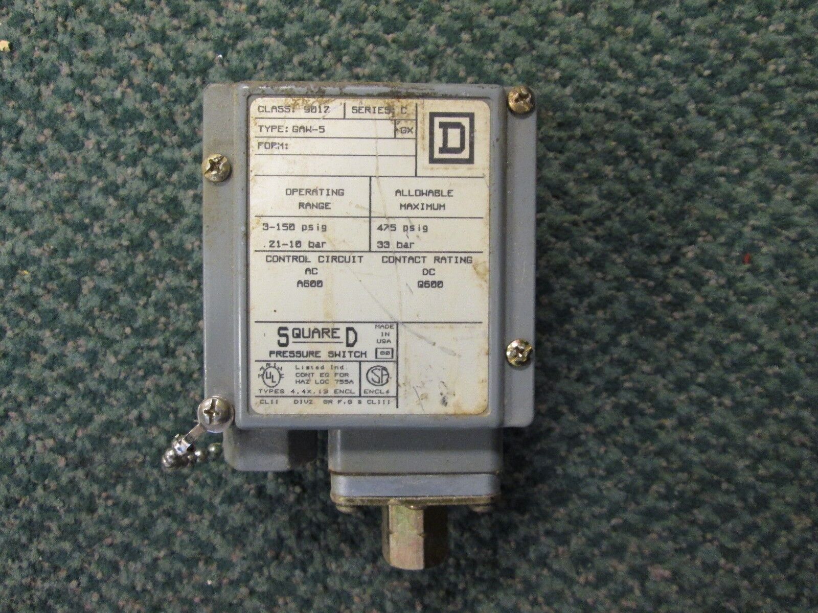Square D Pressure Switch GAW-5 Nema 4 4X 13 Enclosure Used
