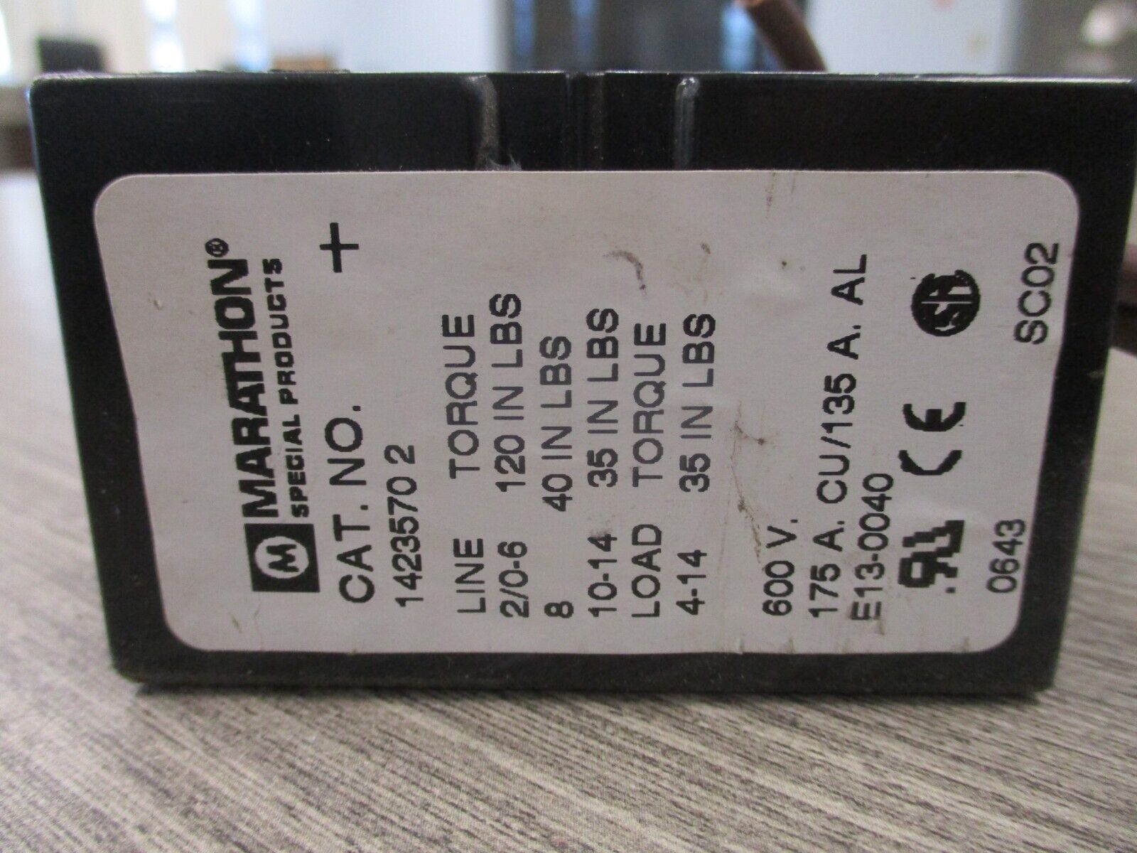 Marathon Power Distribution Block 1423570 2 175A 600V 3P Used