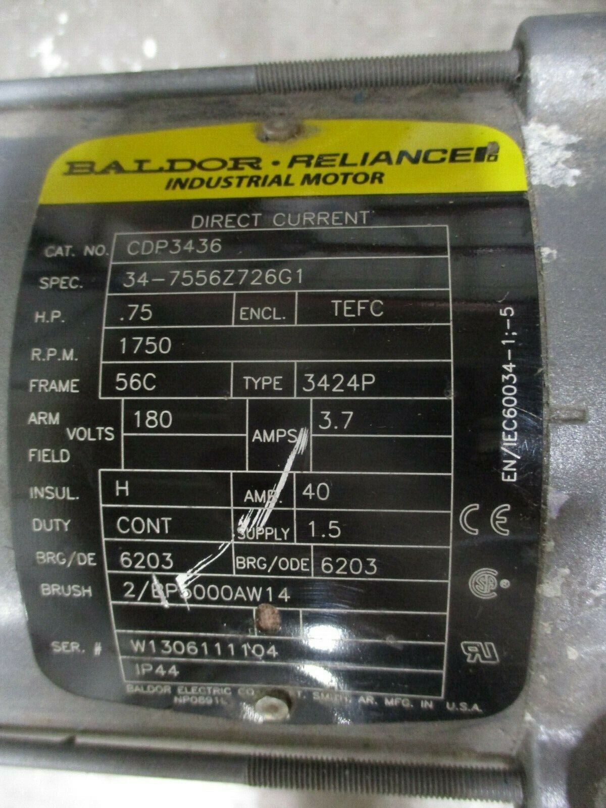 Baldor DC Motor CDP3436 0.75HP 1800RPM Arm: 180V 3.7A TEFC Enc. 56C Frame Used