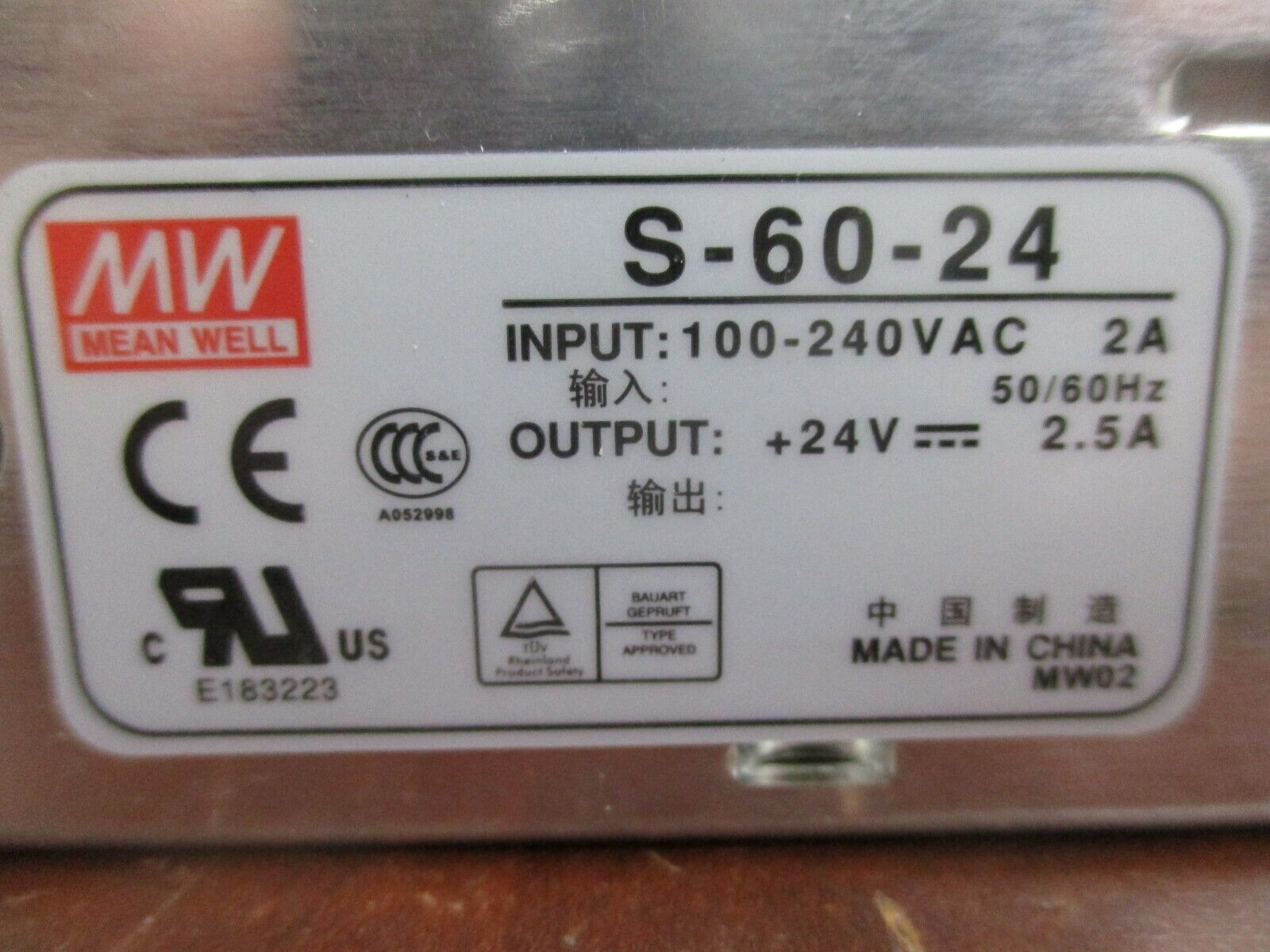 MEAN WELL Power Supply S-60-24 Input: 100-240VAC 2A 50/60Hz Output: 24VDC 2.5A