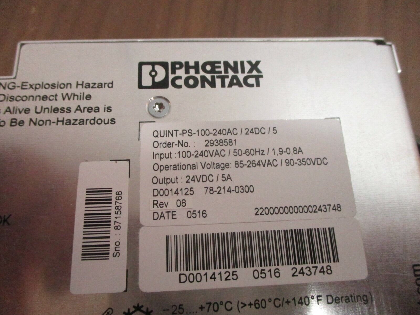 Phoenix Contact Power Supply QUINT-PS-100-240AC/24DC/5 Rev. 08 Used