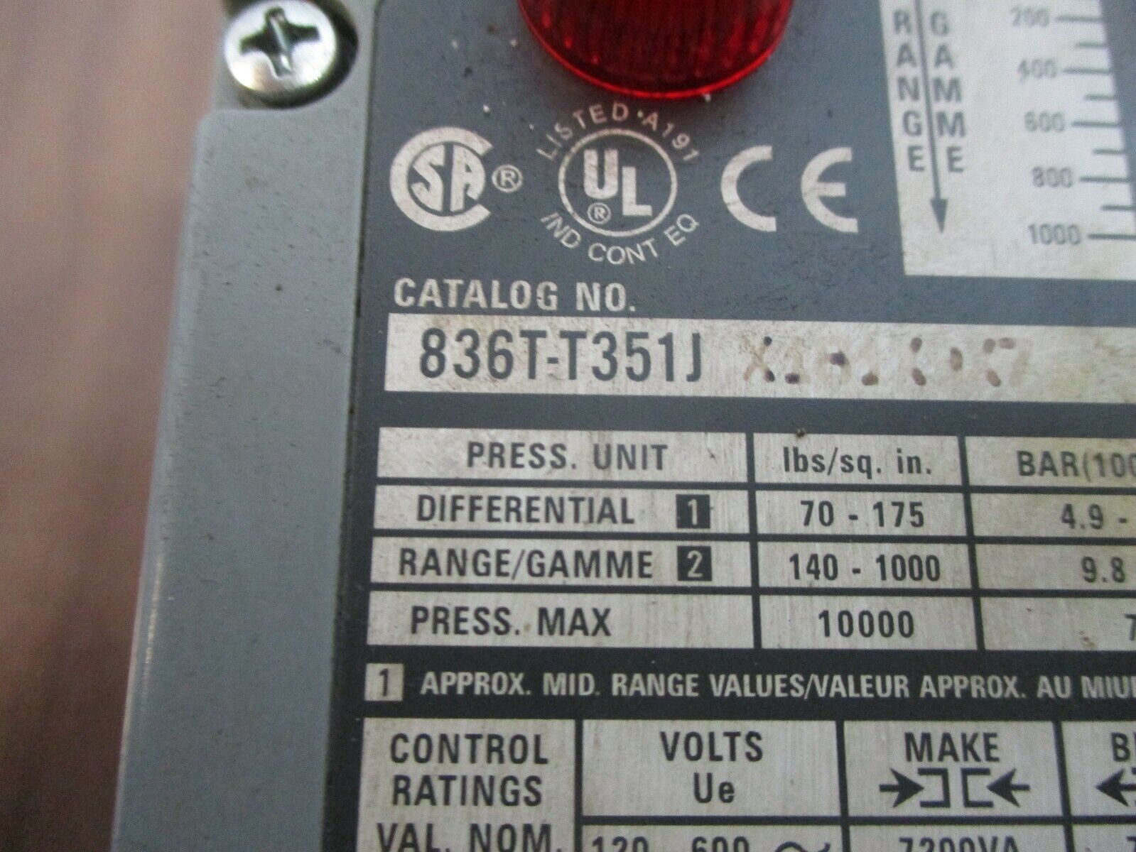 Allen-Bradley Pressure Control 836T-T351J Ser. A Diff: 70-175PSI, Used