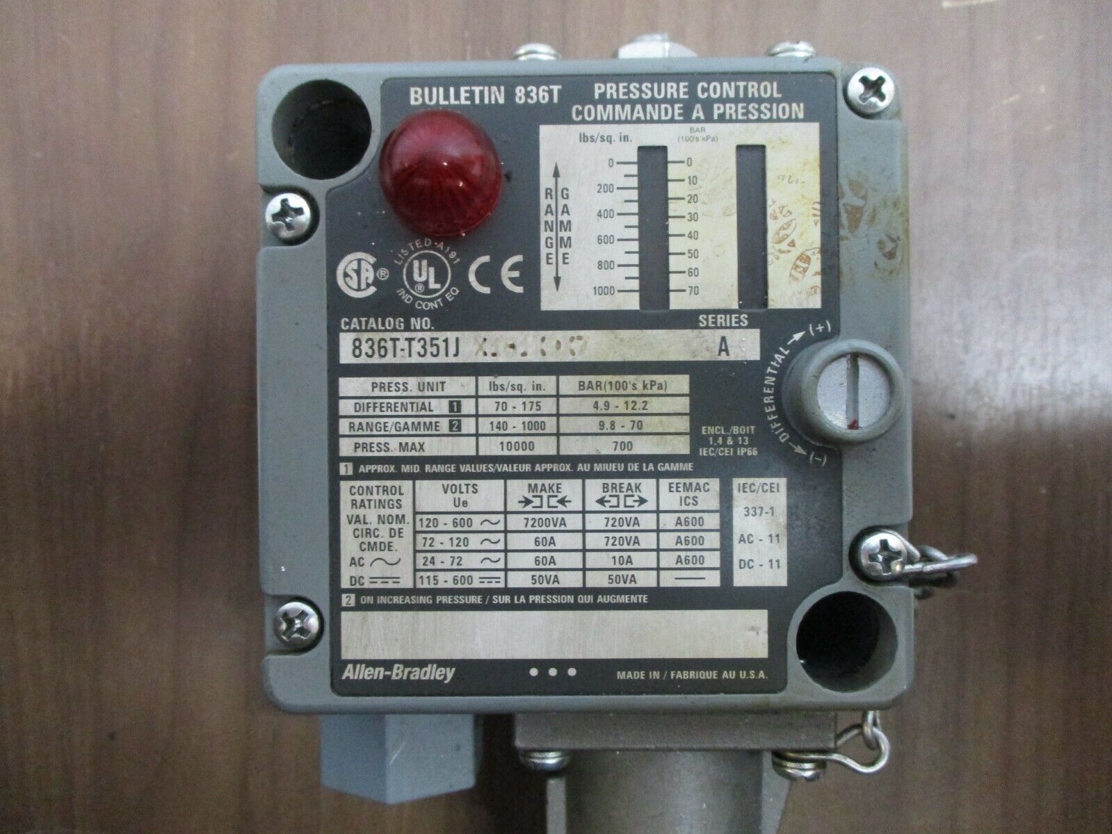 Allen-Bradley Pressure Control 836T-T351J Ser. A Diff: 70-175PSI, Used