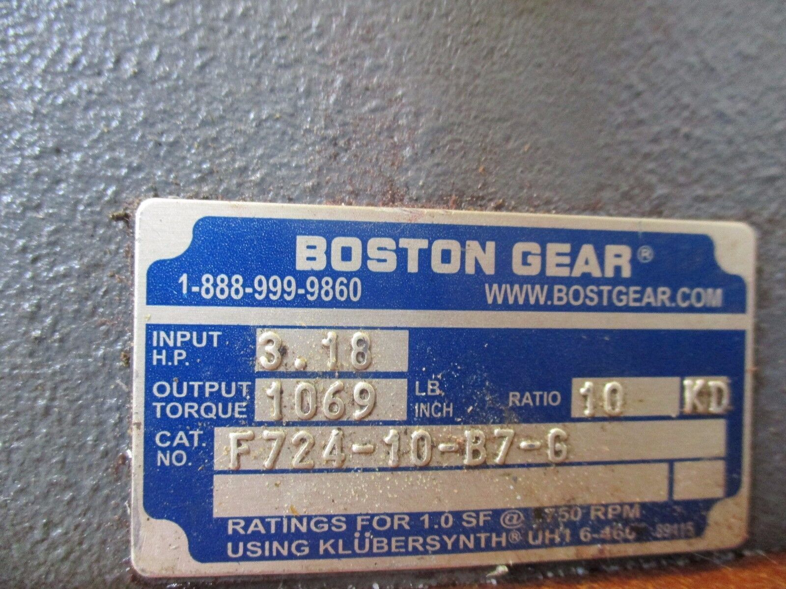 Boston Gear Reducer F724-10-B7-G Ratio: 10:1 3.18 Hp In Used