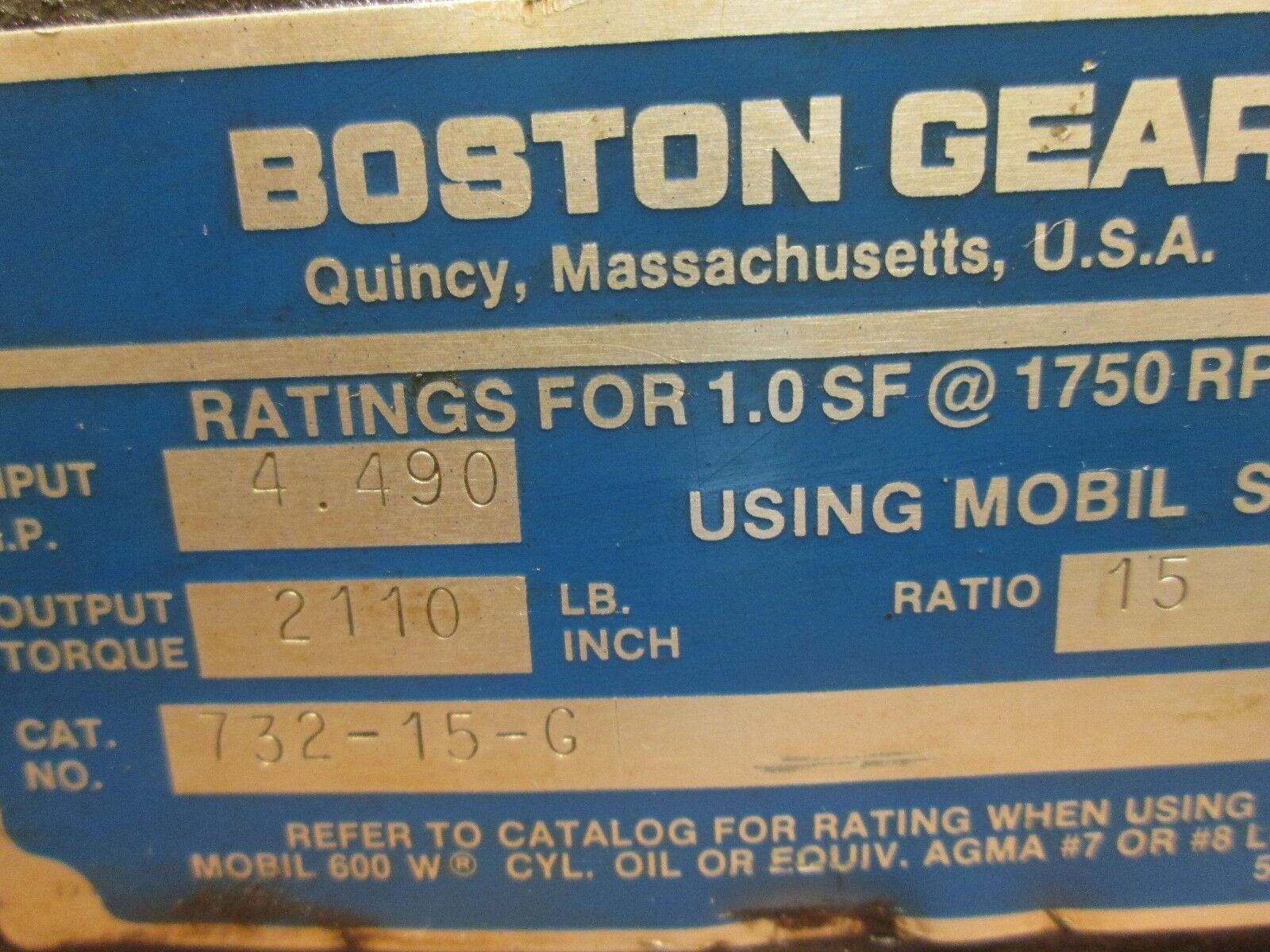 Boston Gear Reducer 732-15-G Ratio 15:1 4.49 HP In 2110 In LB Torque Out Used