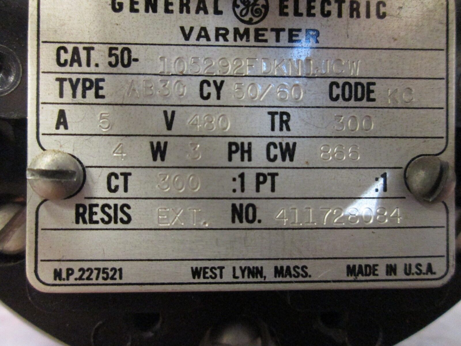 GE Varmeter 50-105292FDKN1JCW 480V 5A 50/60Hz Used