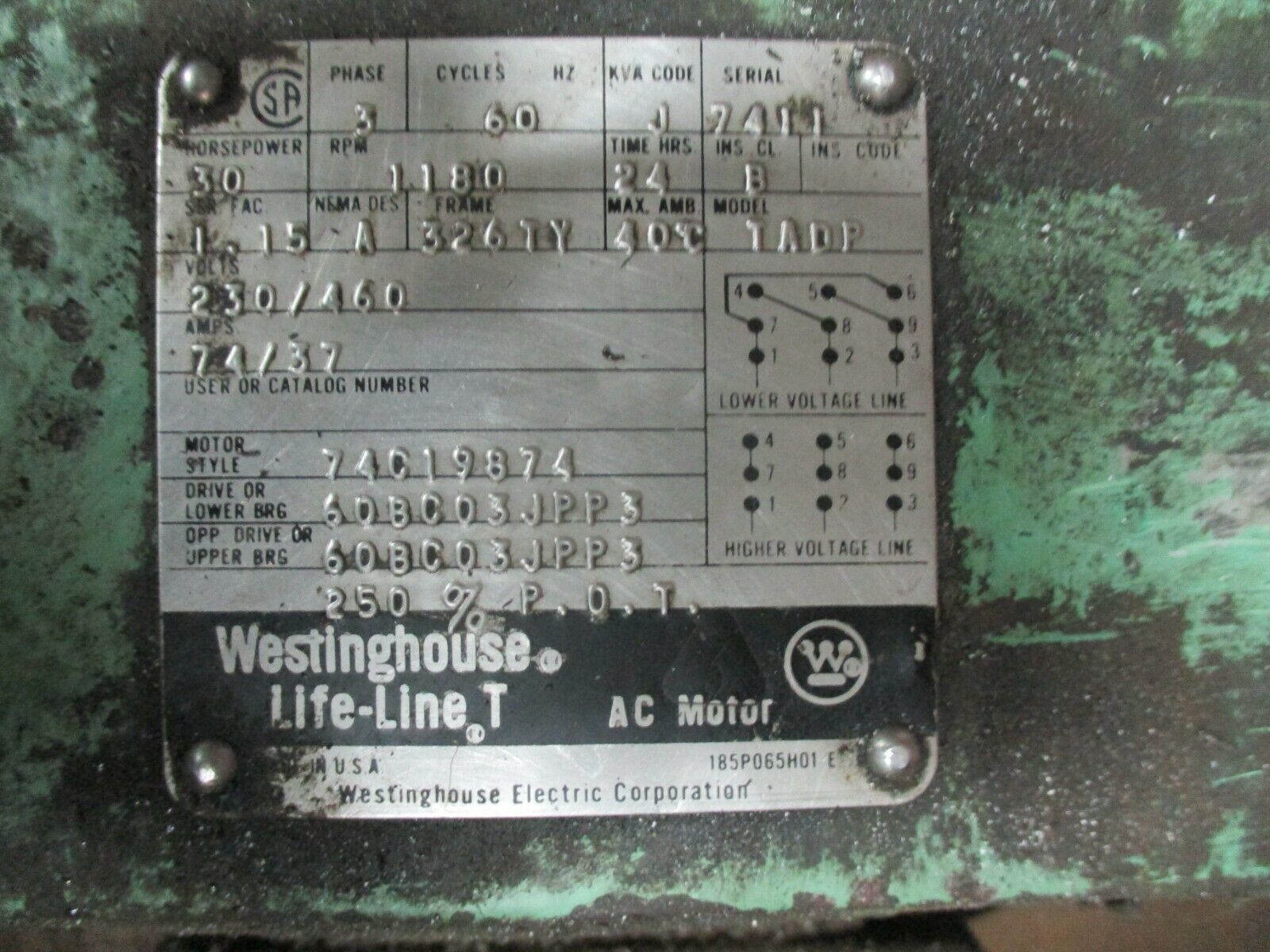 Eaton/Vickers Hydraulic Vane Pump 3525V25A12 30HP 1200RPM 230/460V 3Ph 60Hz Used