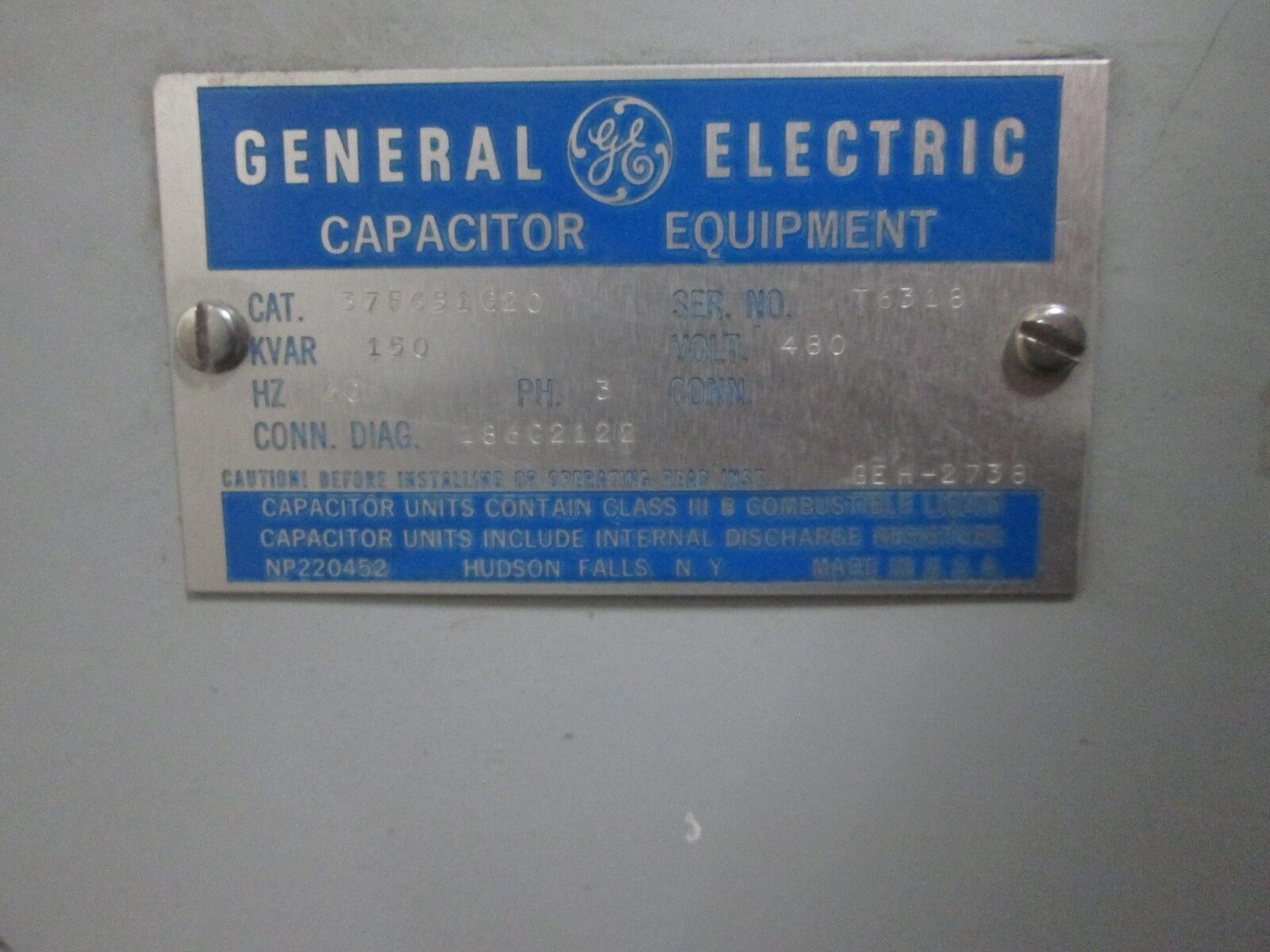 GE Capacitor 37F651G20 150 KVAR 480V 3Ph 60Hz Used