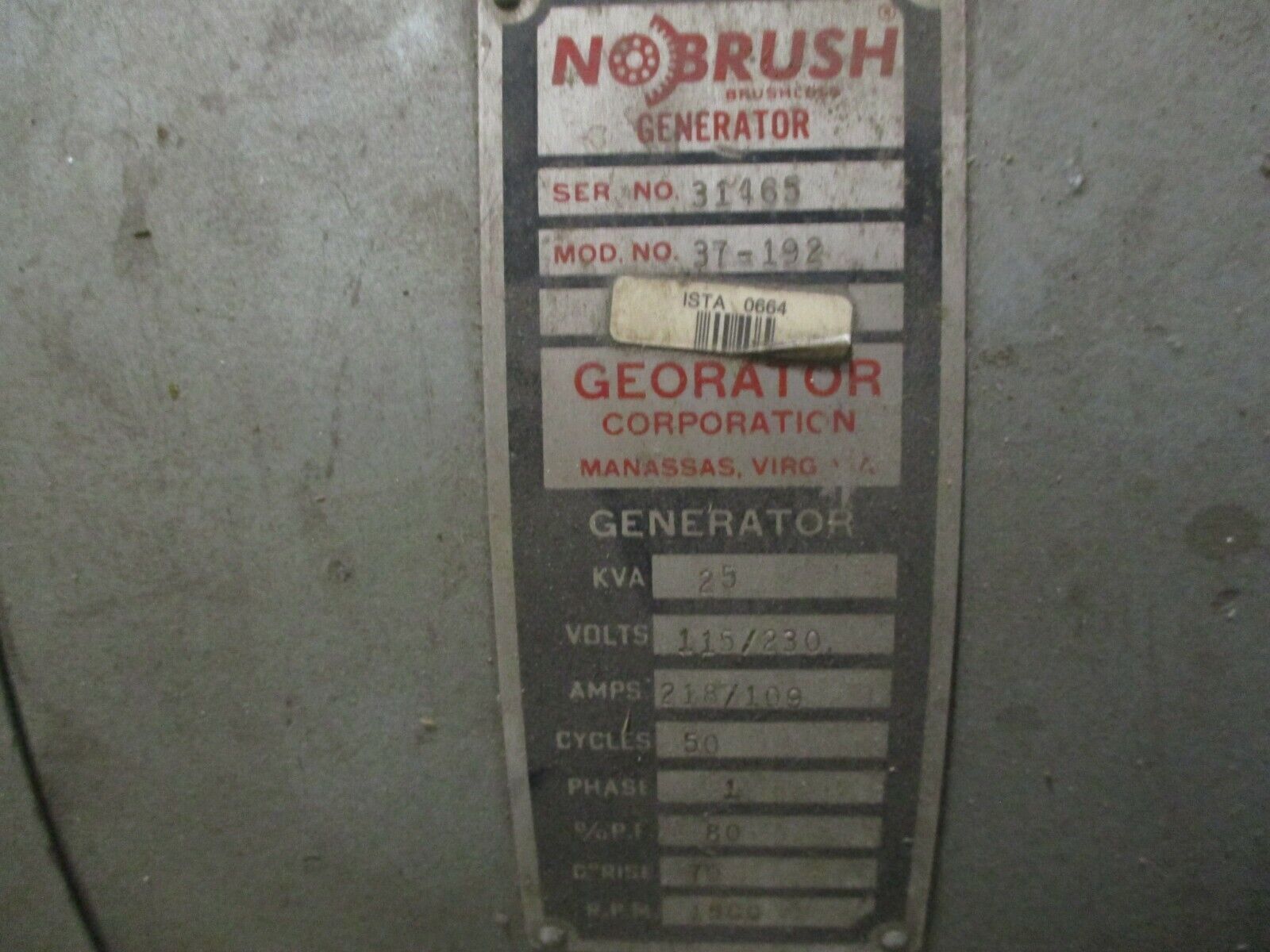 Georator No Brush Generator 37-192 25KVA 40Hz Used